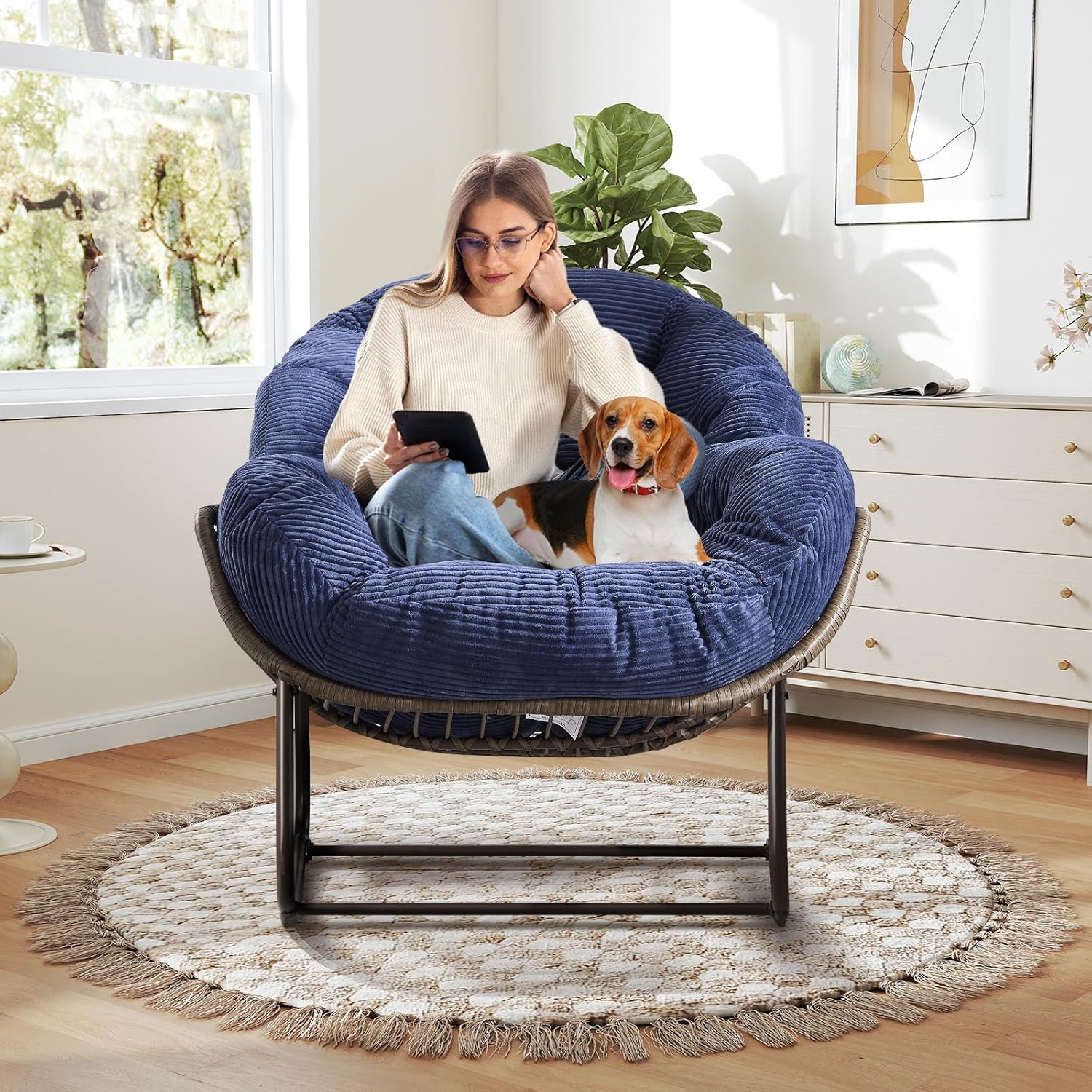 Large Indoor Outdoor Rocking Chair, Oversized Rocking Papasan Chair with Thick Cushion and Frame Outdoor Rocker, Comfy Wicker Egg Chairs Lounge for Outside Porch Patio Backyard Balcony