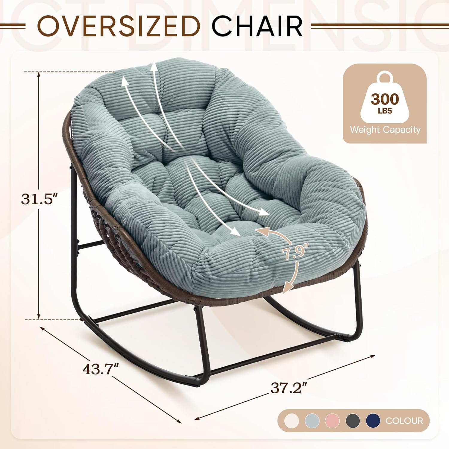 Large Indoor Outdoor Rocking Chair, Oversized Rocking Papasan Chair with Thick Cushion and Frame Outdoor Rocker, Comfy Wicker Egg Chairs Lounge for Outside Porch Patio Backyard Balcony