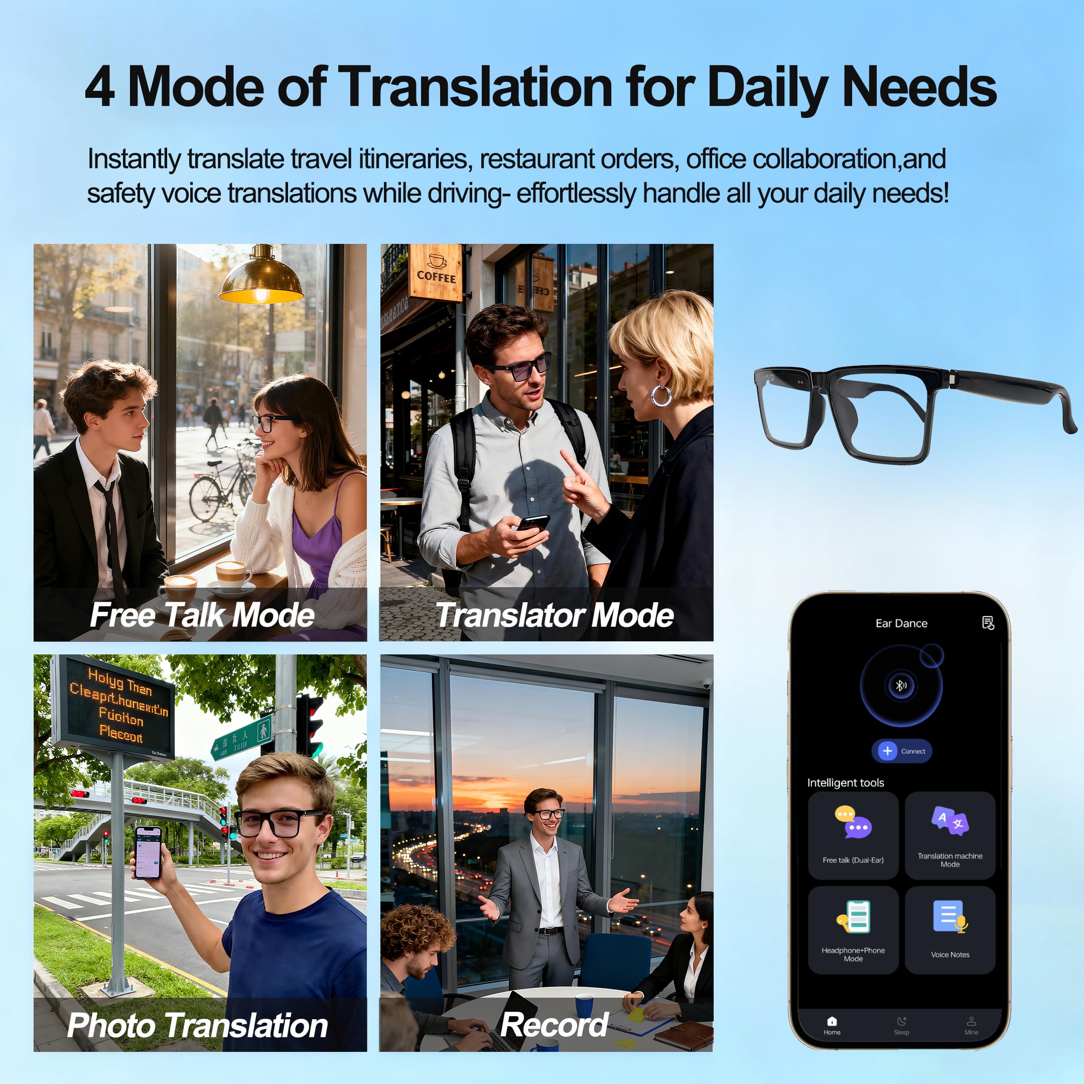 MNVOEQ AI Smart Wireless Bluetooth Translation Glasses for Men/Women with Speakers/Bluetooth&140+ Languages Translation Sports/Travel/Drive/Busniess (C1+AI+Color Change Lenses+Black)