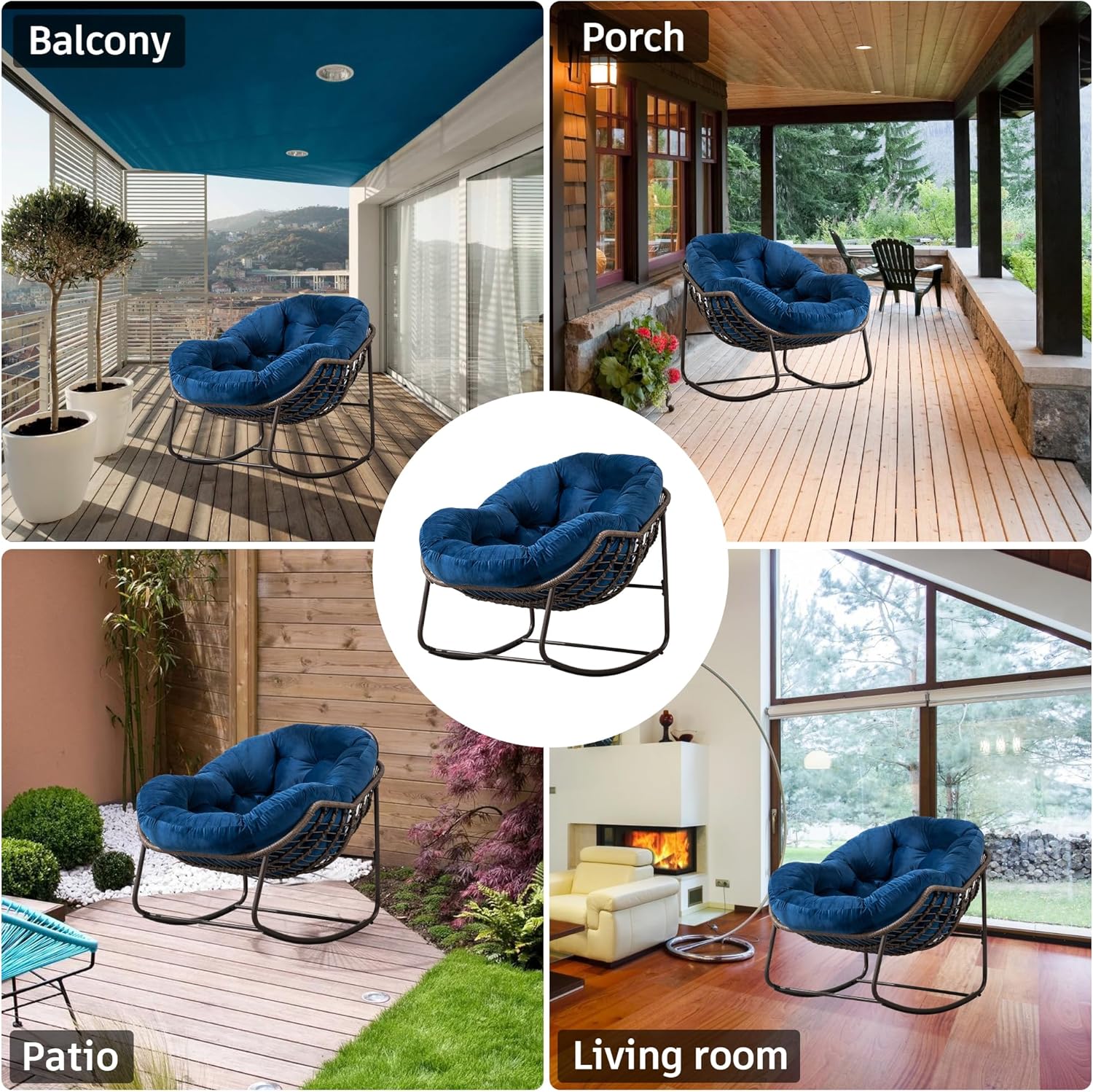 Large Indoor Outdoor Rocking Chair, Oversized Rocking Papasan Chair with Thick Cushion and Frame Outdoor Rocker, Comfy Wicker Egg Chairs Lounge for Outside Porch Patio Backyard Balcony