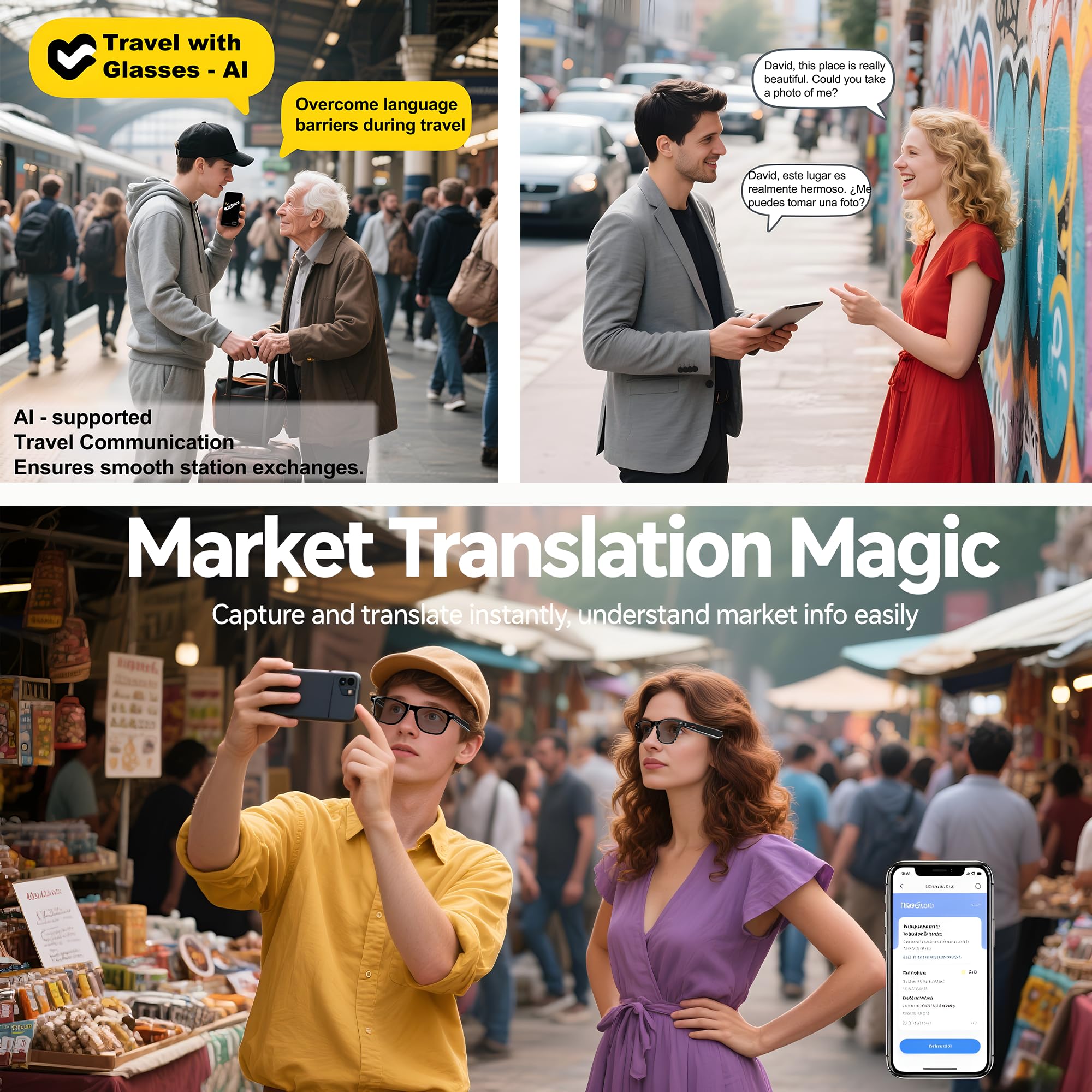 MNVOEQ AI Smart Wireless Bluetooth Translation Glasses for Men/Women with Speakers/Bluetooth&140+ Languages Translation Sports/Travel/Drive/Busniess (C1+AI+Color Change Lenses+Black)