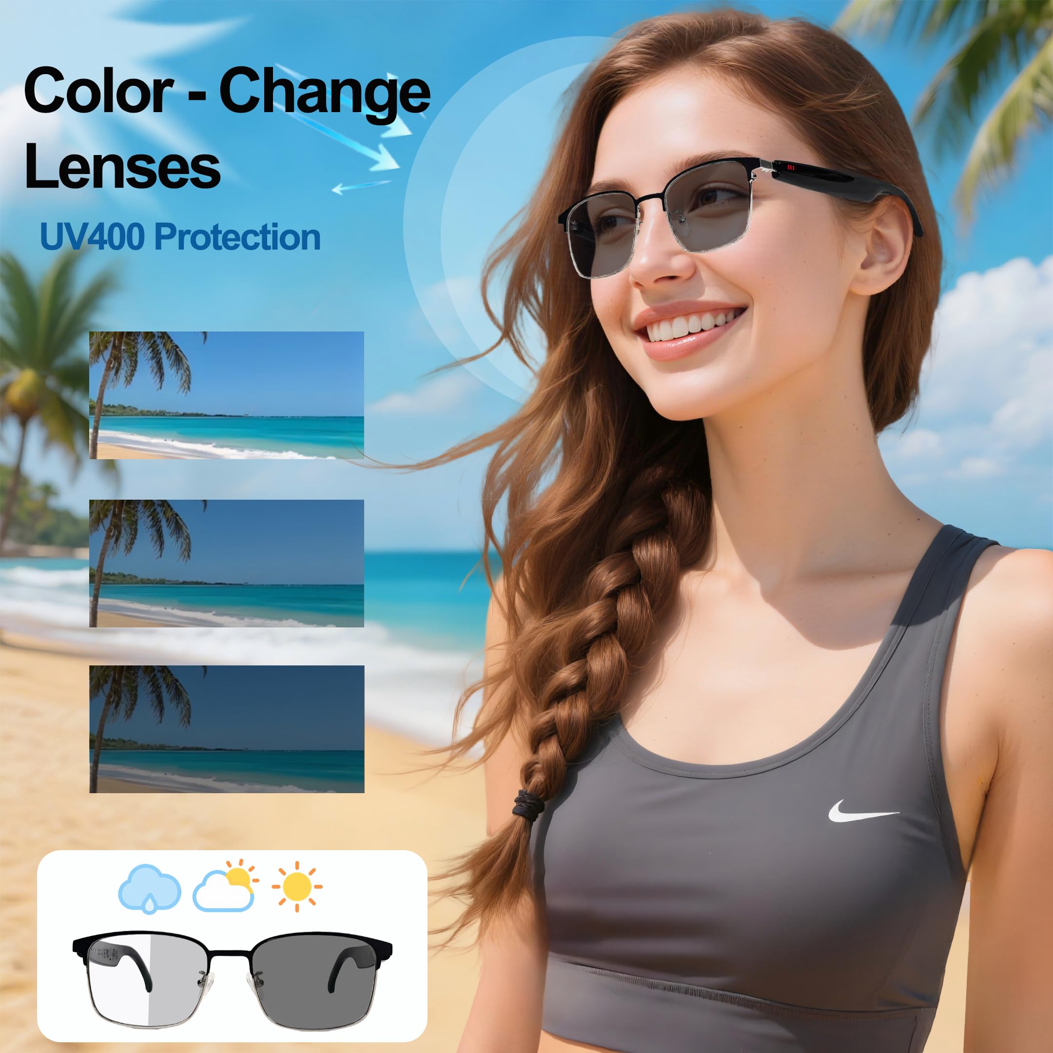 MNVOEQ AI Smart Wireless Bluetooth Translation Glasses for Men/Women with Speakers/Bluetooth&140+ Languages Translation Sports/Travel/Drive/Busniess (C1+AI+Color Change Lenses+Black)