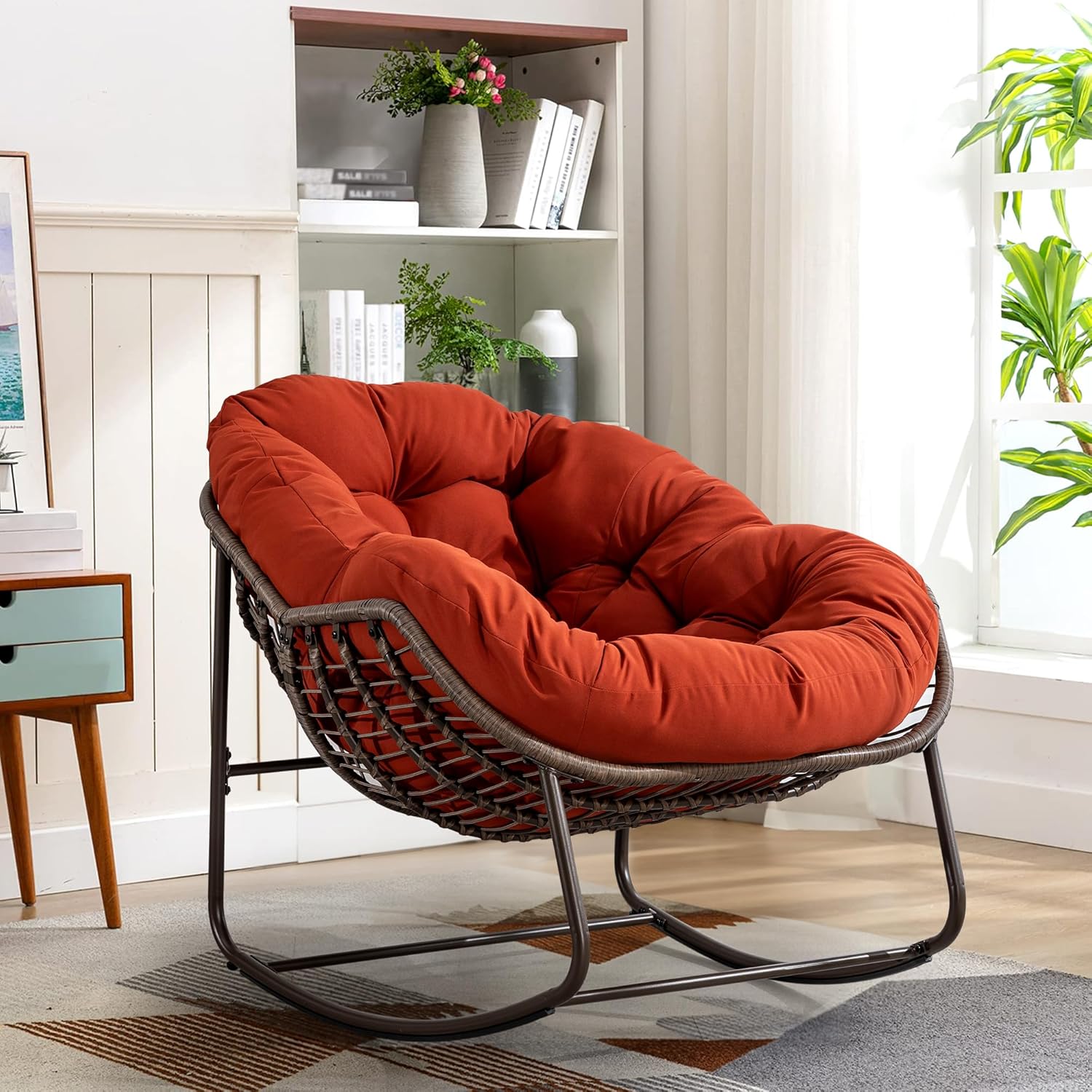 Large Indoor Outdoor Rocking Chair, Oversized Rocking Papasan Chair with Thick Cushion and Frame Outdoor Rocker, Comfy Wicker Egg Chairs Lounge for Outside Porch Patio Backyard Balcony