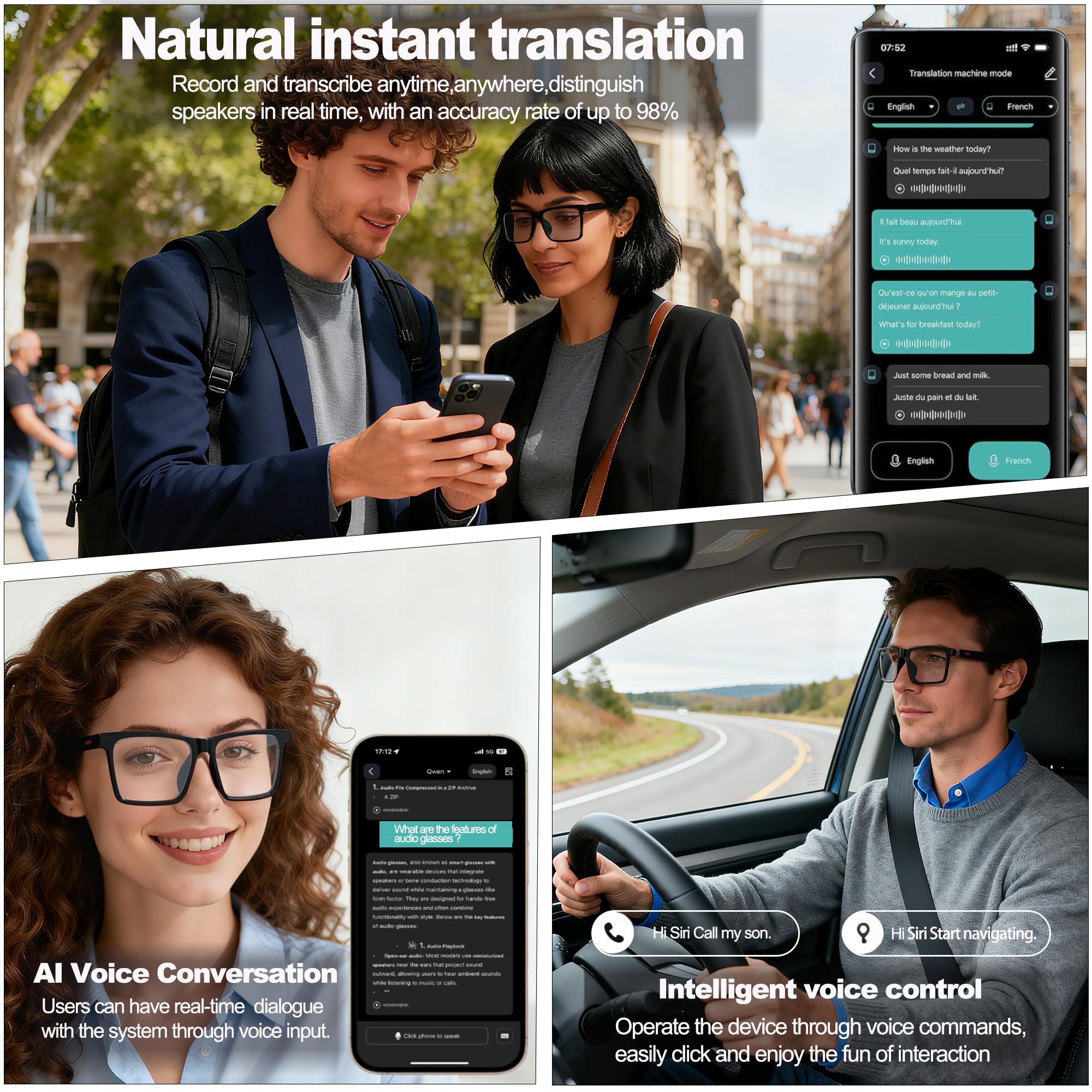 MNVOEQ AI Smart Wireless Bluetooth Translation Glasses for Men/Women with Speakers/Bluetooth&140+ Languages Translation Sports/Travel/Drive/Busniess (C1+AI+Color Change Lenses+Black)