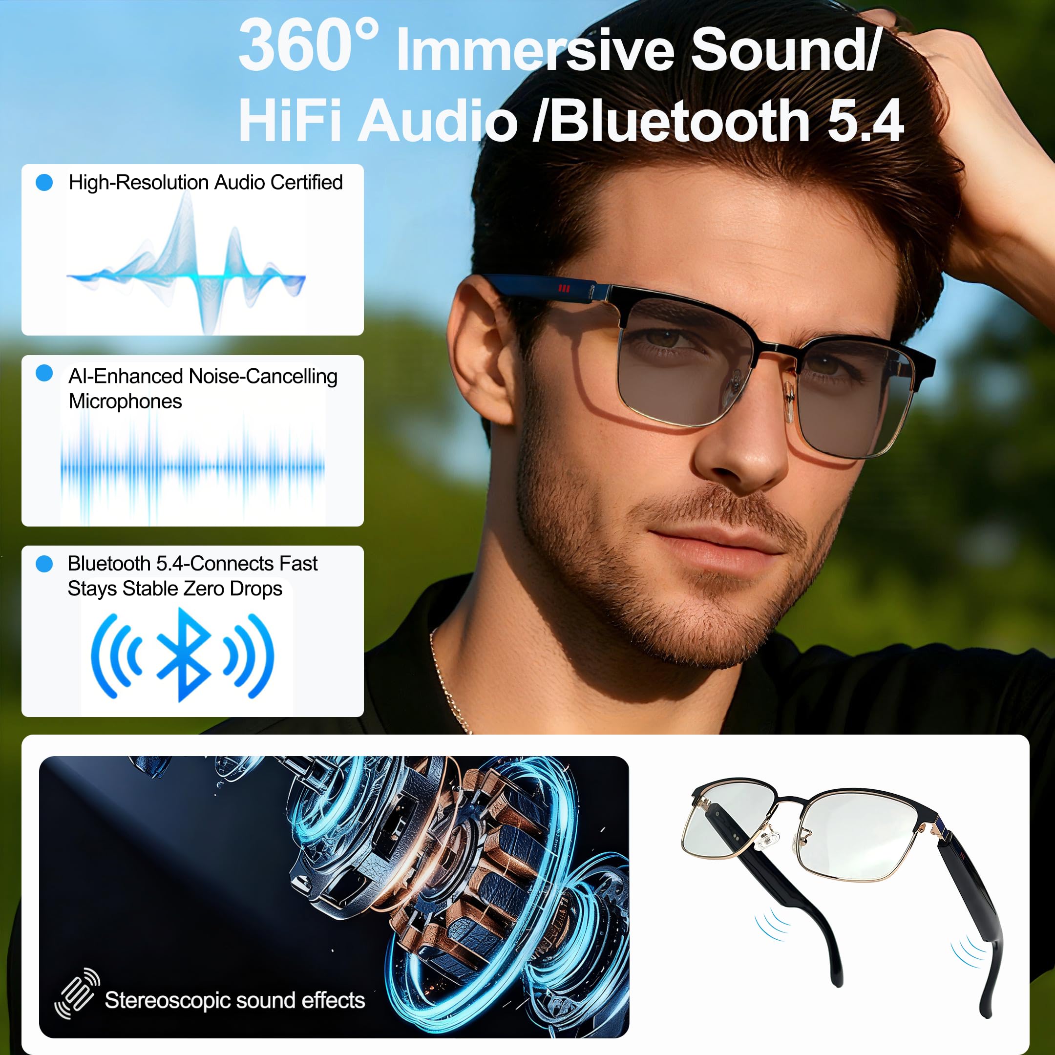 MNVOEQ AI Smart Wireless Bluetooth Translation Glasses for Men/Women with Speakers/Bluetooth&140+ Languages Translation Sports/Travel/Drive/Busniess (C1+AI+Color Change Lenses+Black)