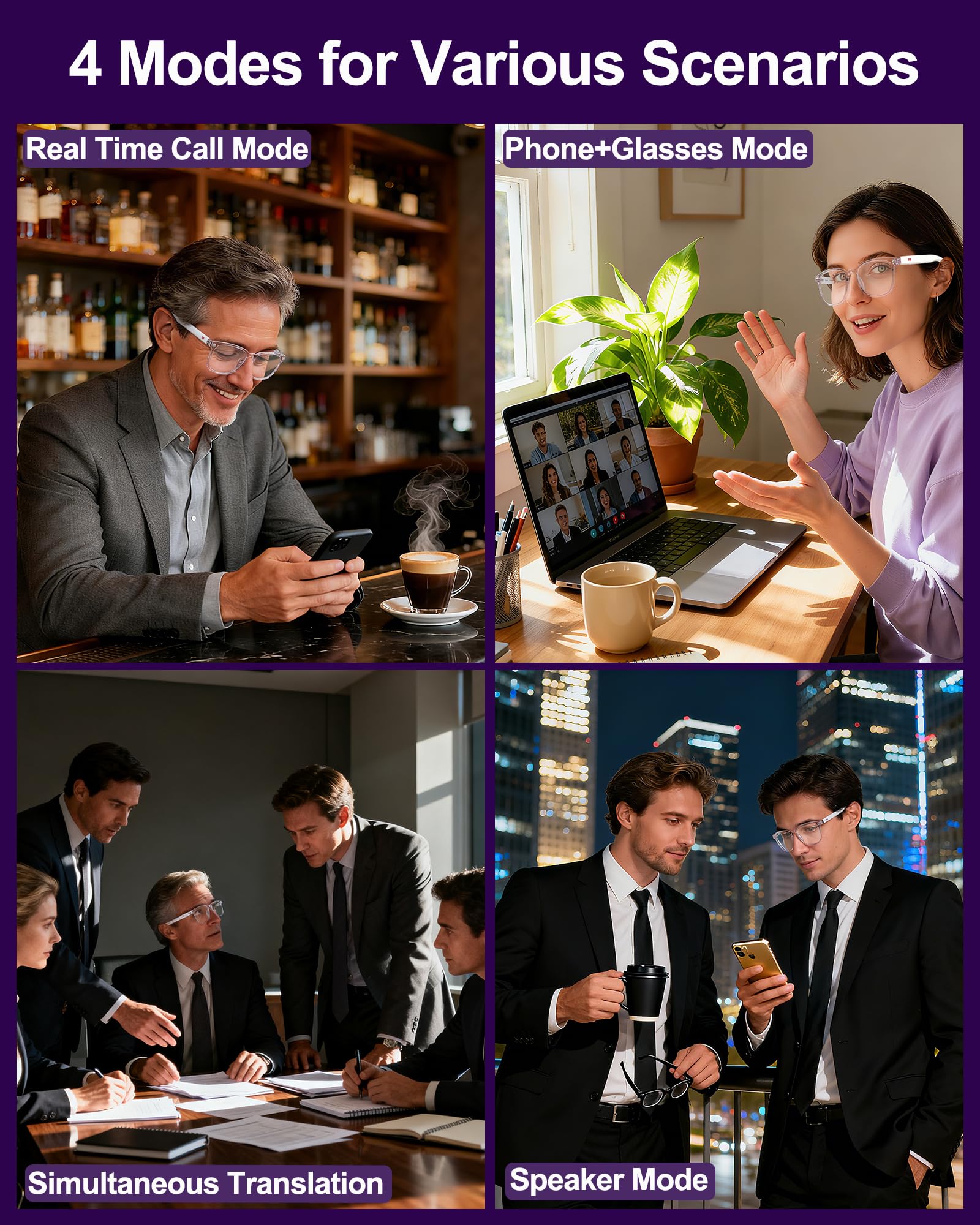 MNVOEQ AI Smart Wireless Bluetooth Translation Glasses for Men/Women with Speakers/Bluetooth&140+ Languages Translation Sports/Travel/Drive/Busniess (C1+AI+Color Change Lenses+Black)