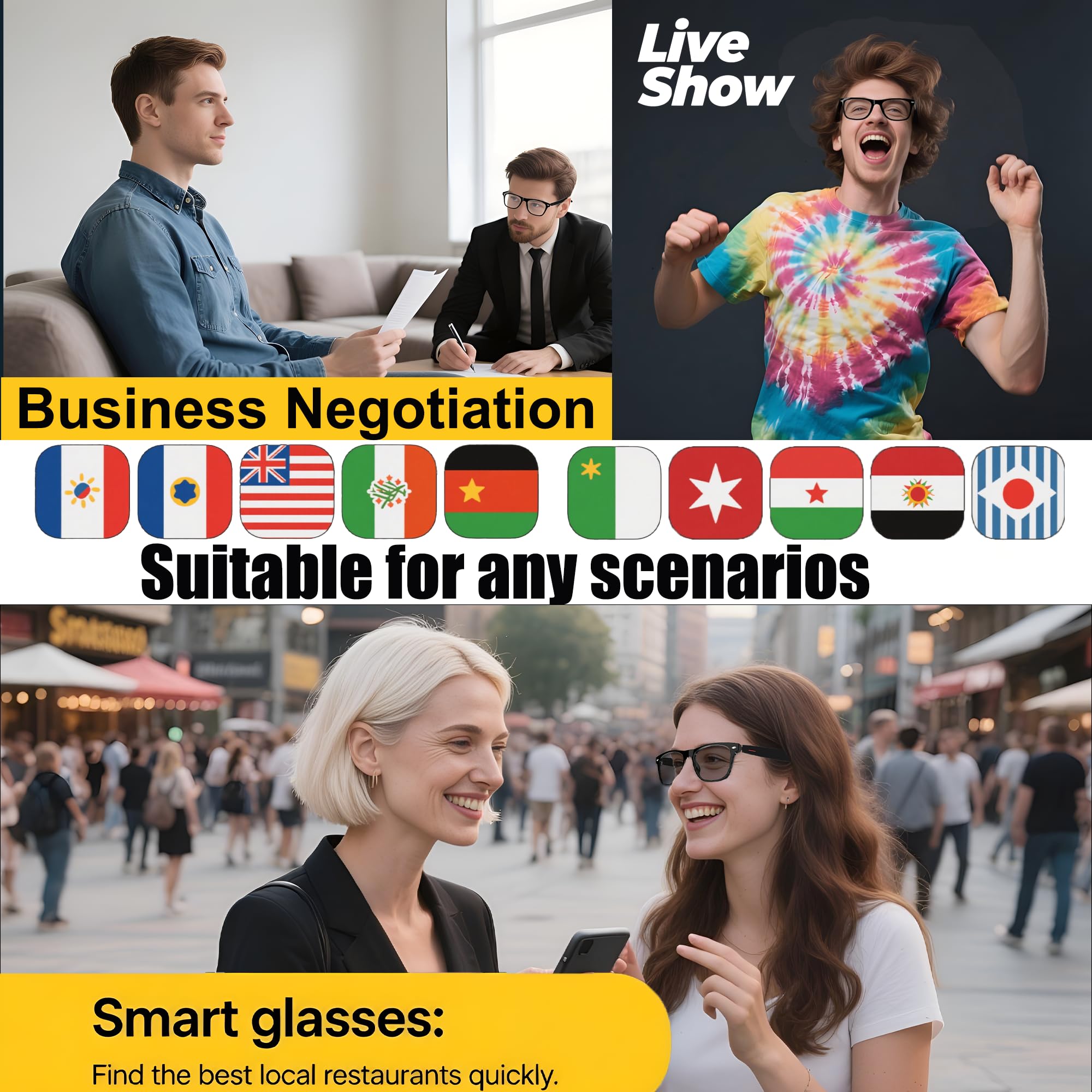 MNVOEQ AI Smart Wireless Bluetooth Translation Glasses for Men/Women with Speakers/Bluetooth&140+ Languages Translation Sports/Travel/Drive/Busniess (C1+AI+Color Change Lenses+Black)