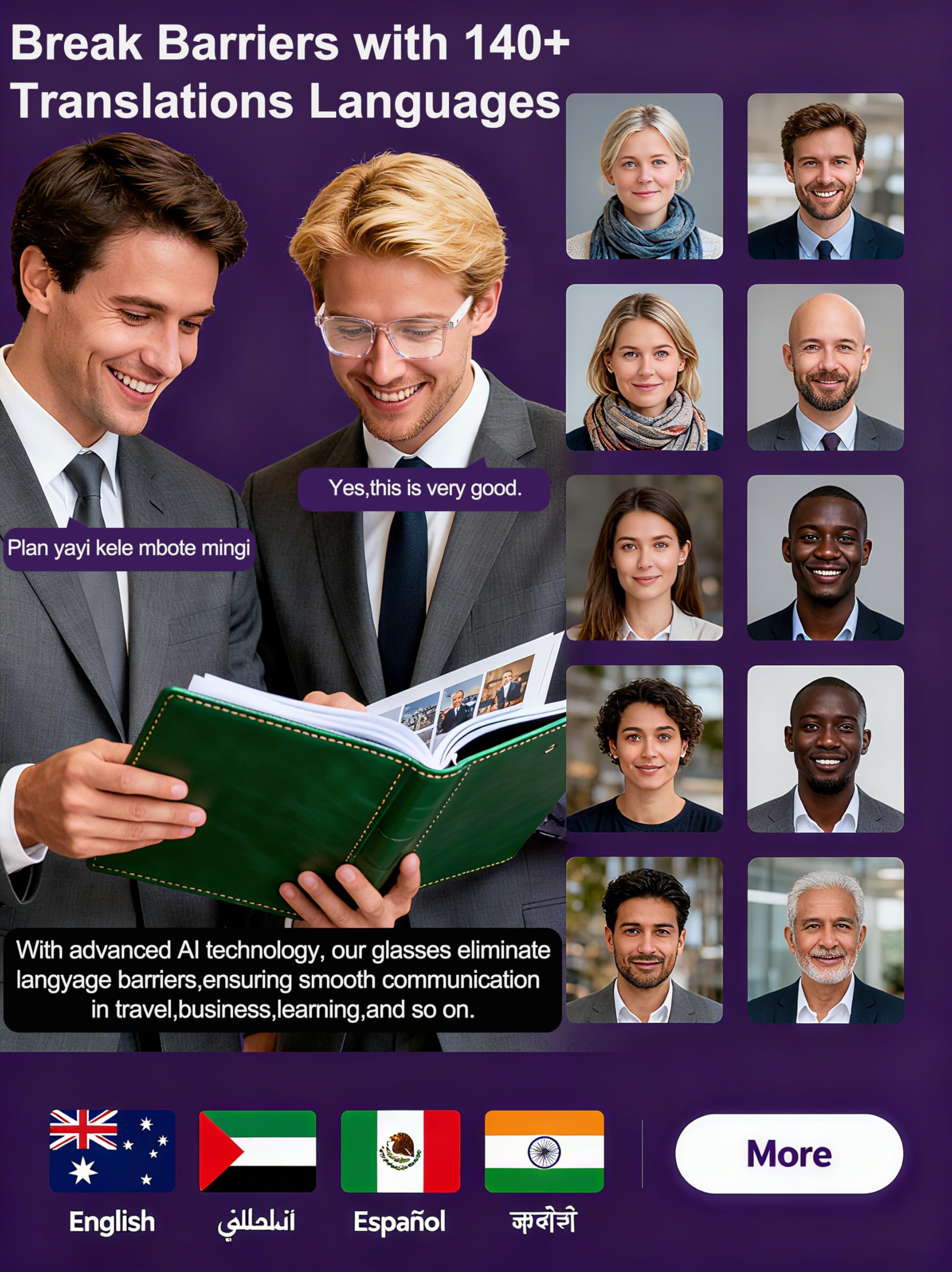 MNVOEQ AI Smart Wireless Bluetooth Translation Glasses for Men/Women with Speakers/Bluetooth&140+ Languages Translation Sports/Travel/Drive/Busniess (C1+AI+Color Change Lenses+Black)