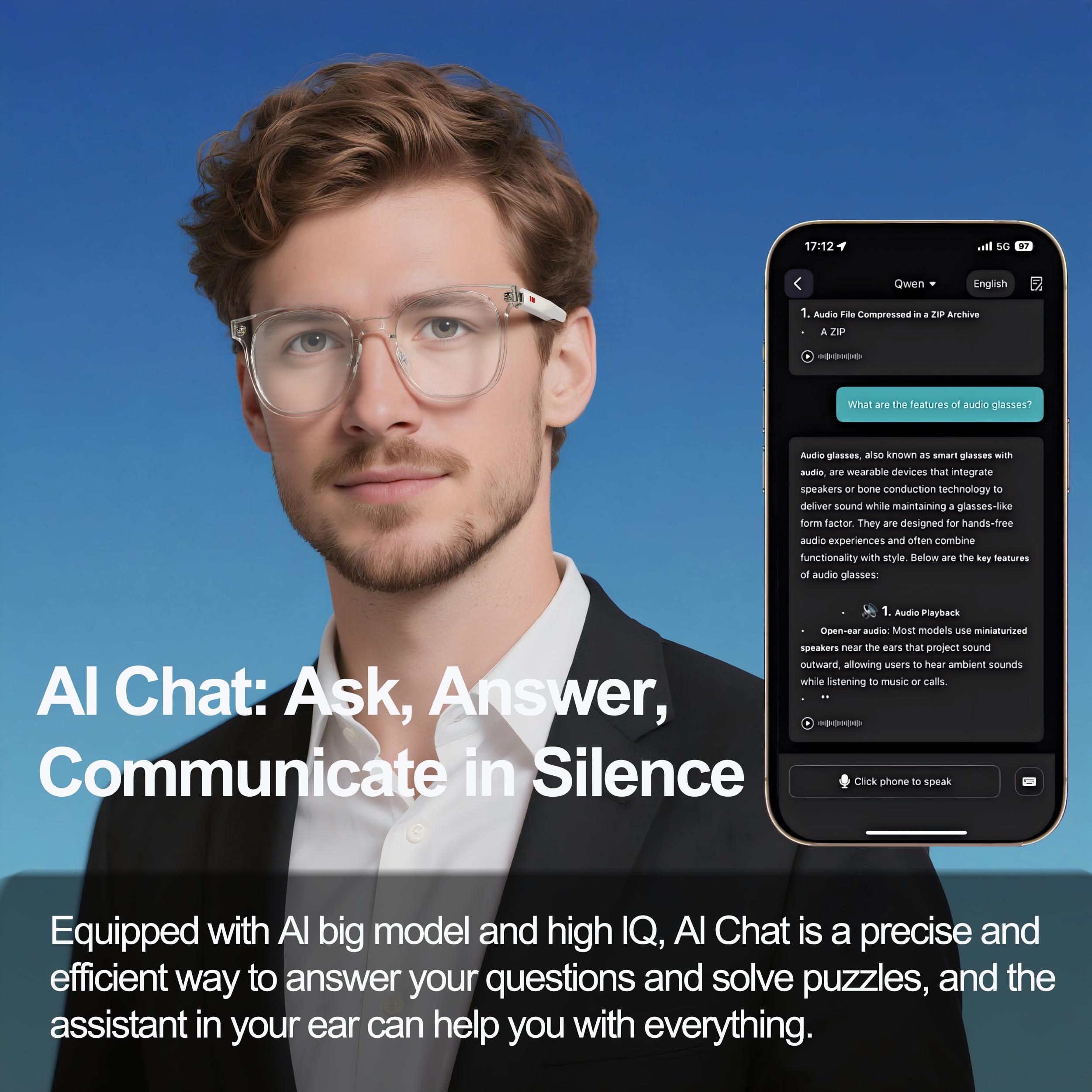 MNVOEQ AI Smart Wireless Bluetooth Translation Glasses for Men/Women with Speakers/Bluetooth&140+ Languages Translation Sports/Travel/Drive/Busniess (C1+AI+Color Change Lenses+Black)