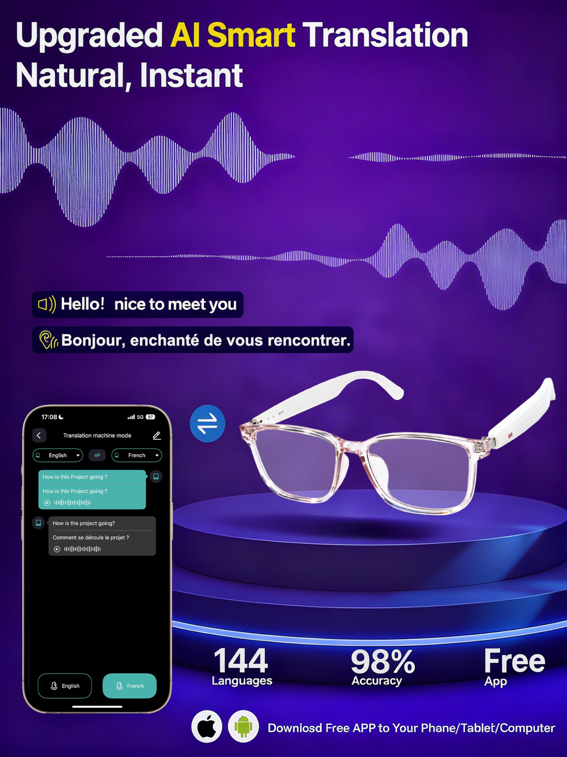 MNVOEQ AI Smart Wireless Bluetooth Translation Glasses for Men/Women with Speakers/Bluetooth&140+ Languages Translation Sports/Travel/Drive/Busniess (C1+AI+Color Change Lenses+Black)