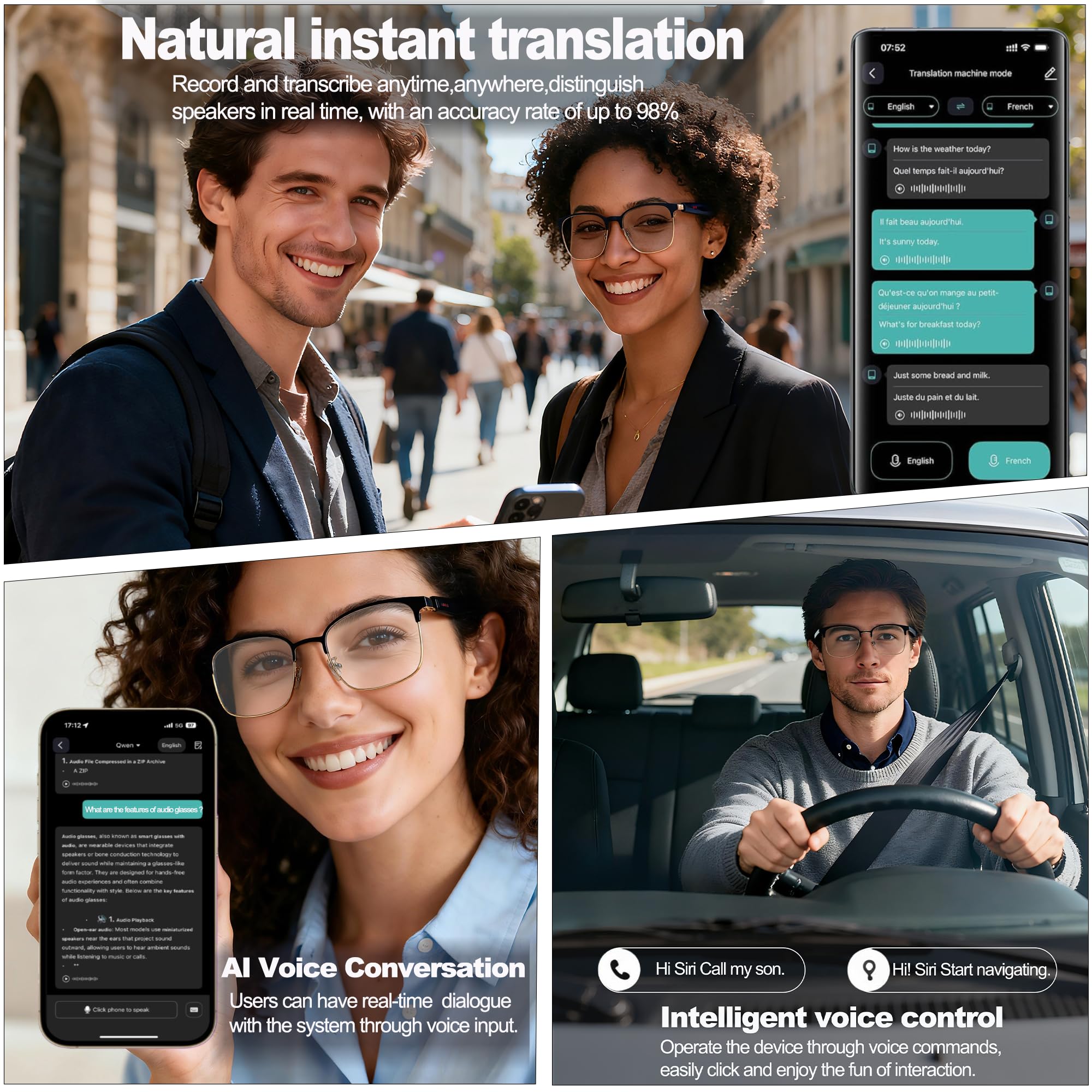 MNVOEQ AI Smart Wireless Bluetooth Translation Glasses for Men/Women with Speakers/Bluetooth&140+ Languages Translation Sports/Travel/Drive/Busniess (C1+AI+Color Change Lenses+Black)
