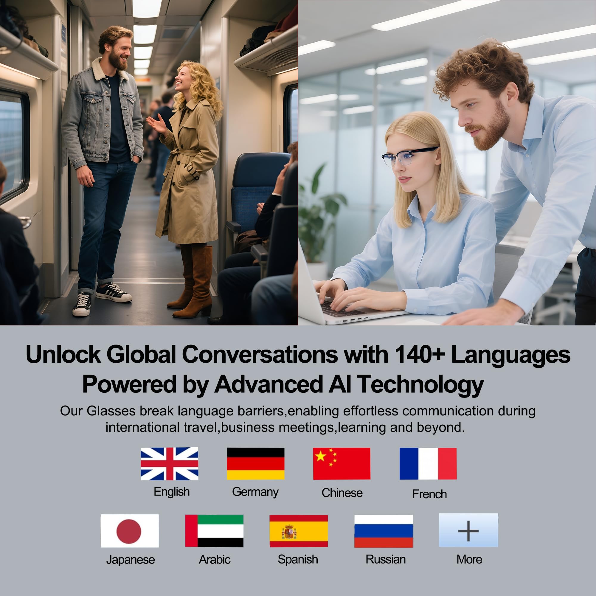 MNVOEQ AI Smart Wireless Bluetooth Translation Glasses for Men/Women with Speakers/Bluetooth&140+ Languages Translation Sports/Travel/Drive/Busniess (C1+AI+Color Change Lenses+Black)