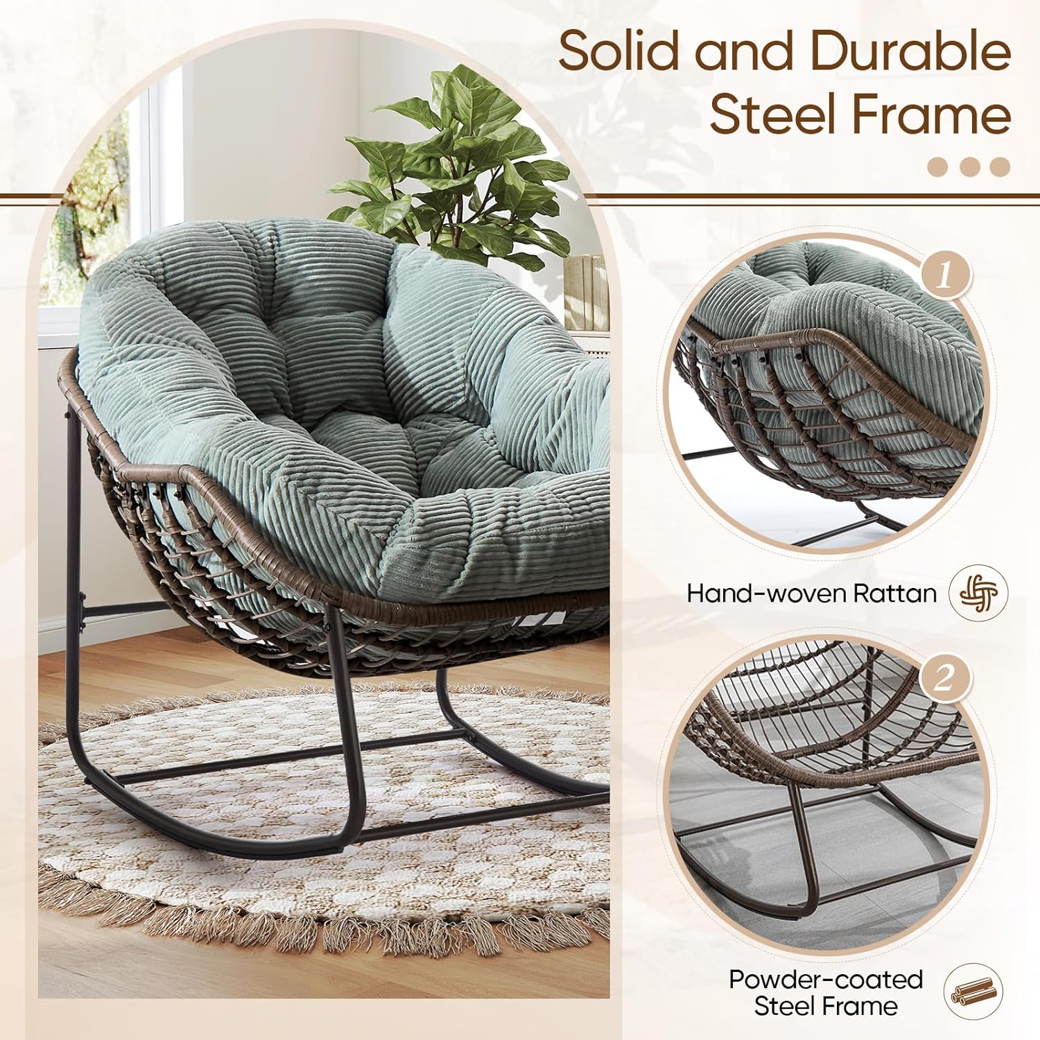 Large Indoor Outdoor Rocking Chair, Oversized Rocking Papasan Chair with Thick Cushion and Frame Outdoor Rocker, Comfy Wicker Egg Chairs Lounge for Outside Porch Patio Backyard Balcony