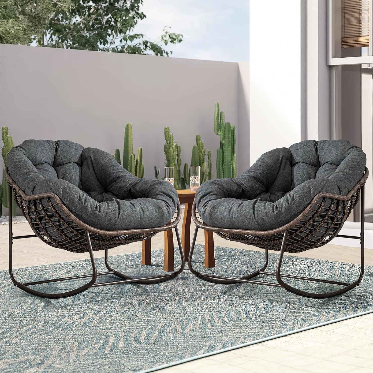 Large Indoor Outdoor Rocking Chair, Oversized Rocking Papasan Chair with Thick Cushion and Frame Outdoor Rocker, Comfy Wicker Egg Chairs Lounge for Outside Porch Patio Backyard Balcony