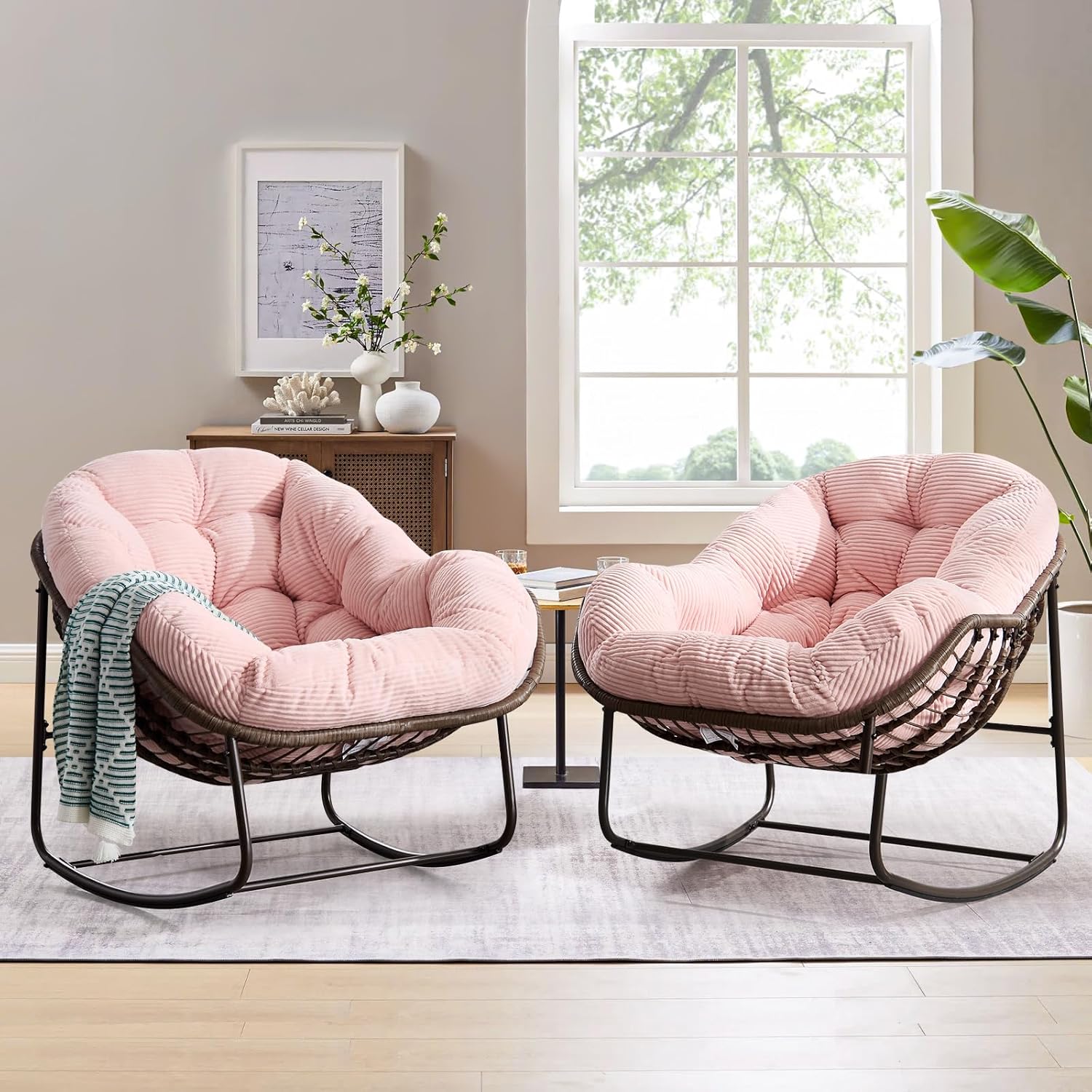 Large Indoor Outdoor Rocking Chair, Oversized Rocking Papasan Chair with Thick Cushion and Frame Outdoor Rocker, Comfy Wicker Egg Chairs Lounge for Outside Porch Patio Backyard Balcony