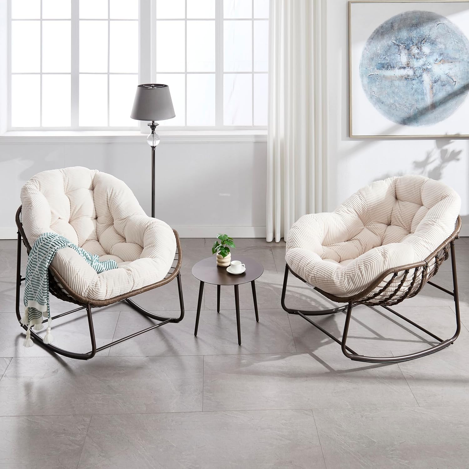 Large Indoor Outdoor Rocking Chair, Oversized Rocking Papasan Chair with Thick Cushion and Frame Outdoor Rocker, Comfy Wicker Egg Chairs Lounge for Outside Porch Patio Backyard Balcony