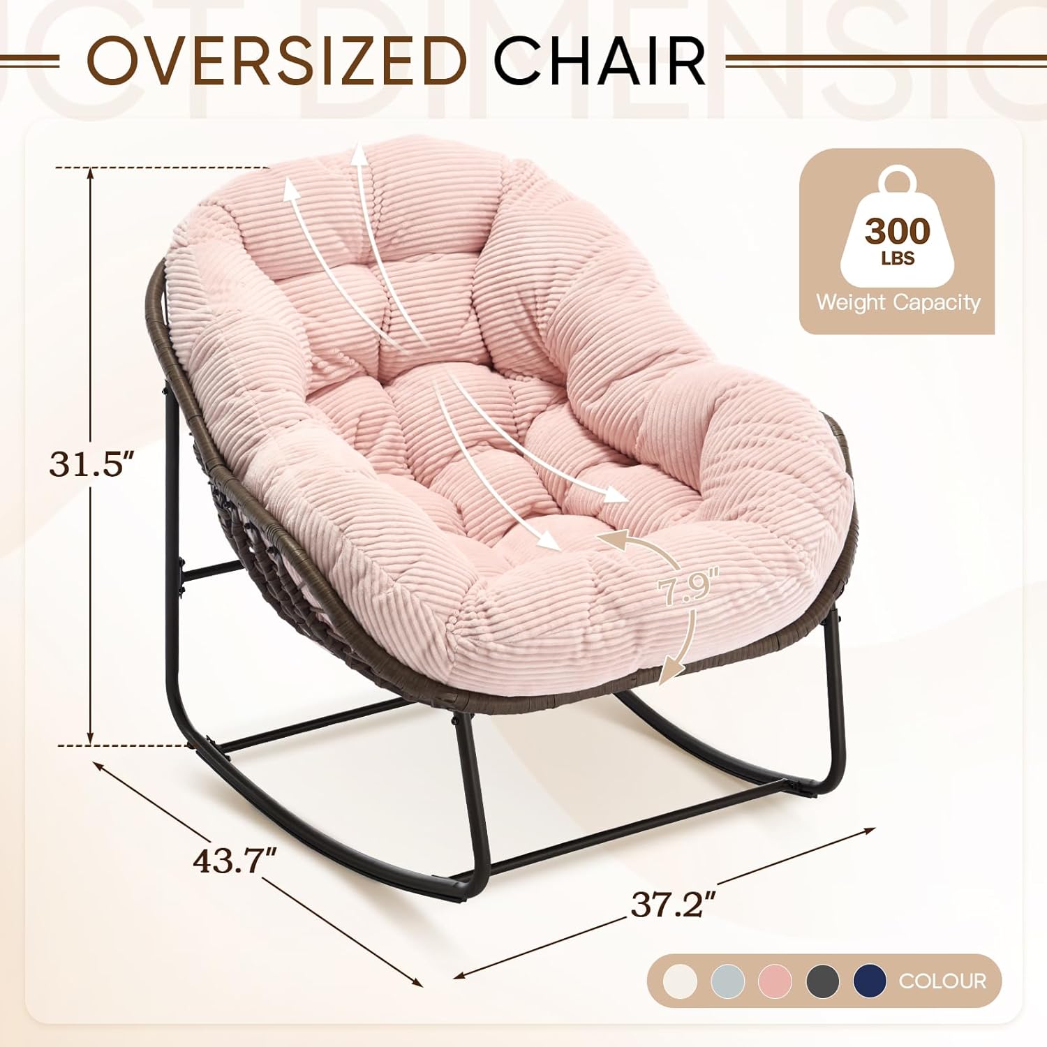 Large Indoor Outdoor Rocking Chair, Oversized Rocking Papasan Chair with Thick Cushion and Frame Outdoor Rocker, Comfy Wicker Egg Chairs Lounge for Outside Porch Patio Backyard Balcony