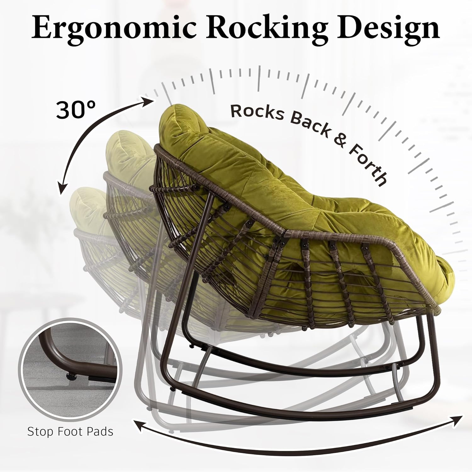 Large Indoor Outdoor Rocking Chair, Oversized Rocking Papasan Chair with Thick Cushion and Frame Outdoor Rocker, Comfy Wicker Egg Chairs Lounge for Outside Porch Patio Backyard Balcony