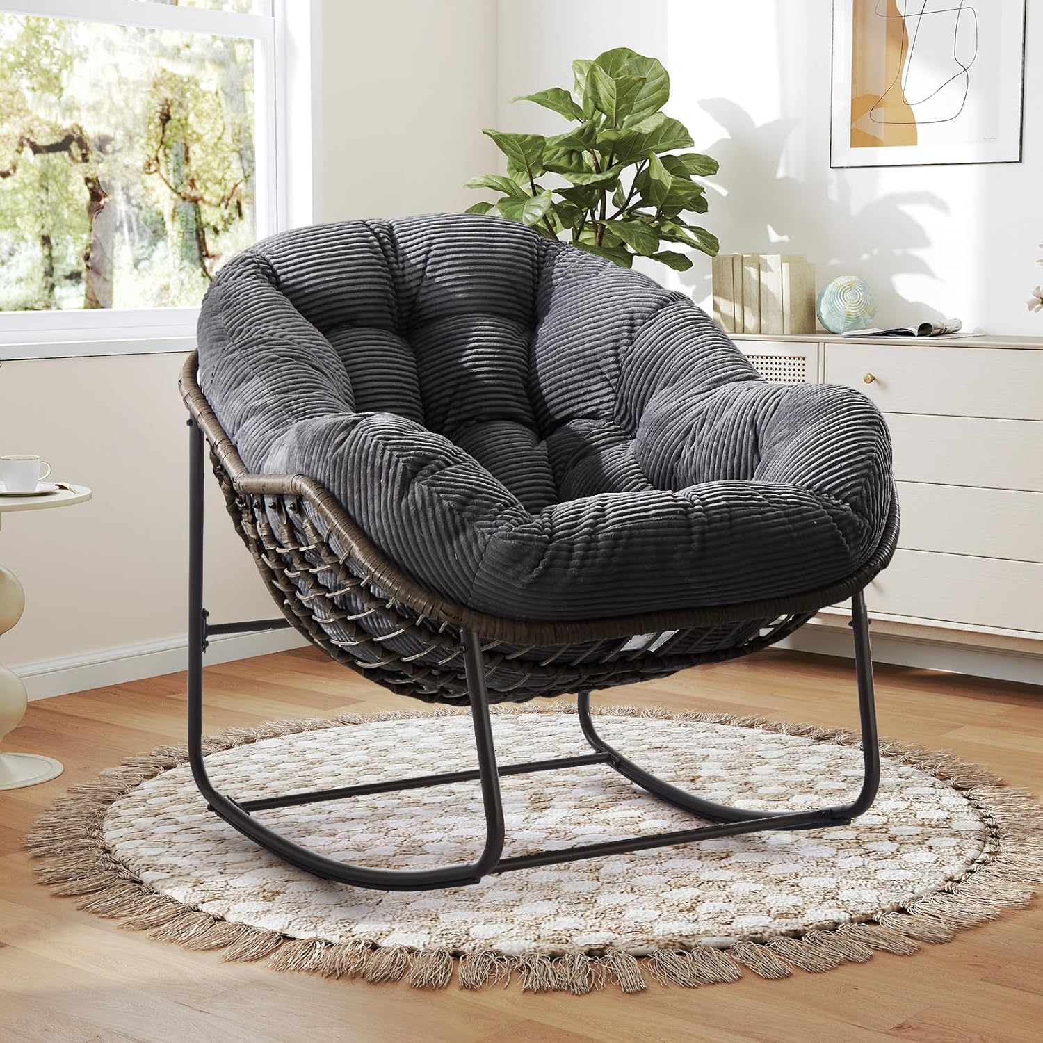 Large Indoor Outdoor Rocking Chair, Oversized Rocking Papasan Chair with Thick Cushion and Frame Outdoor Rocker, Comfy Wicker Egg Chairs Lounge for Outside Porch Patio Backyard Balcony