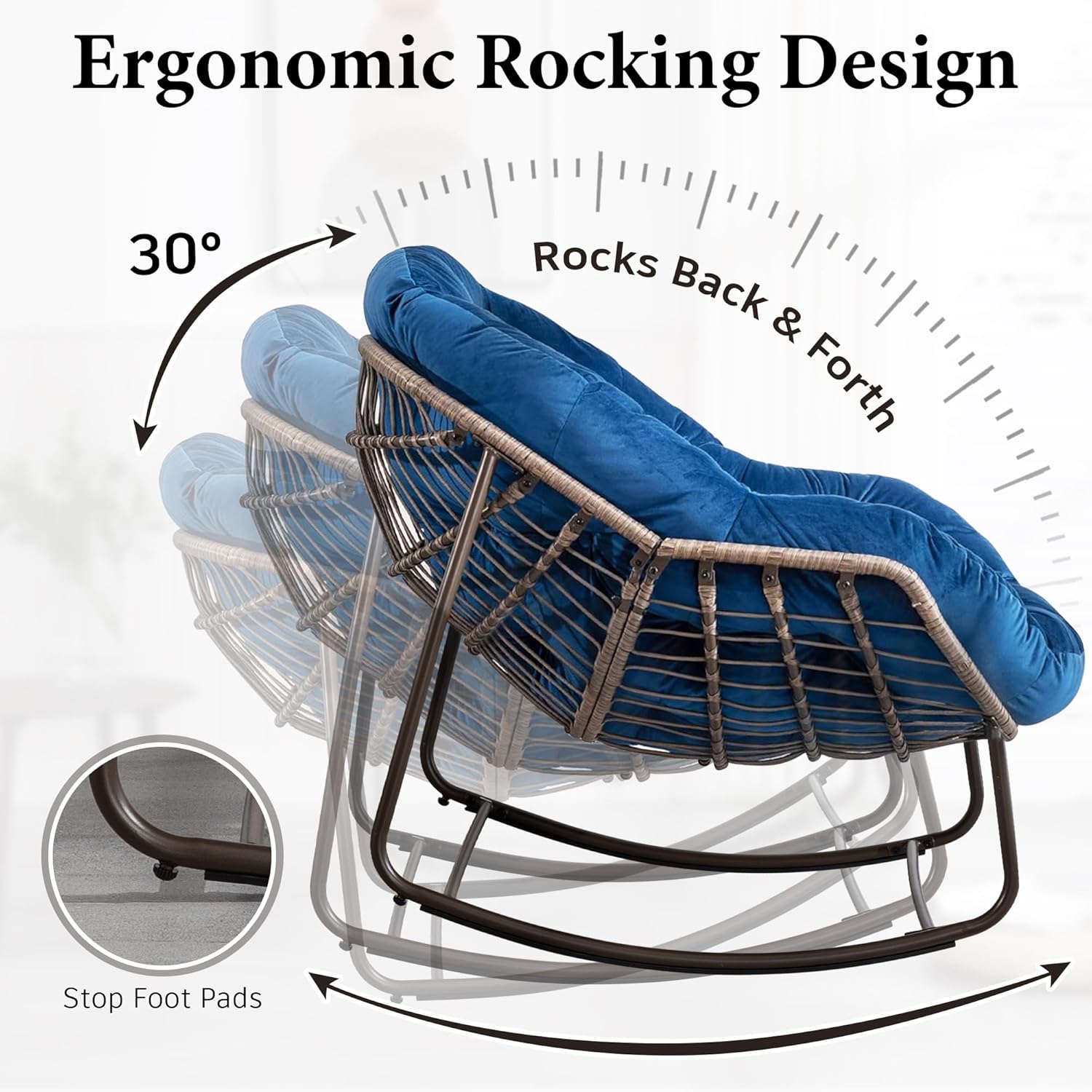 Large Indoor Outdoor Rocking Chair, Oversized Rocking Papasan Chair with Thick Cushion and Frame Outdoor Rocker, Comfy Wicker Egg Chairs Lounge for Outside Porch Patio Backyard Balcony