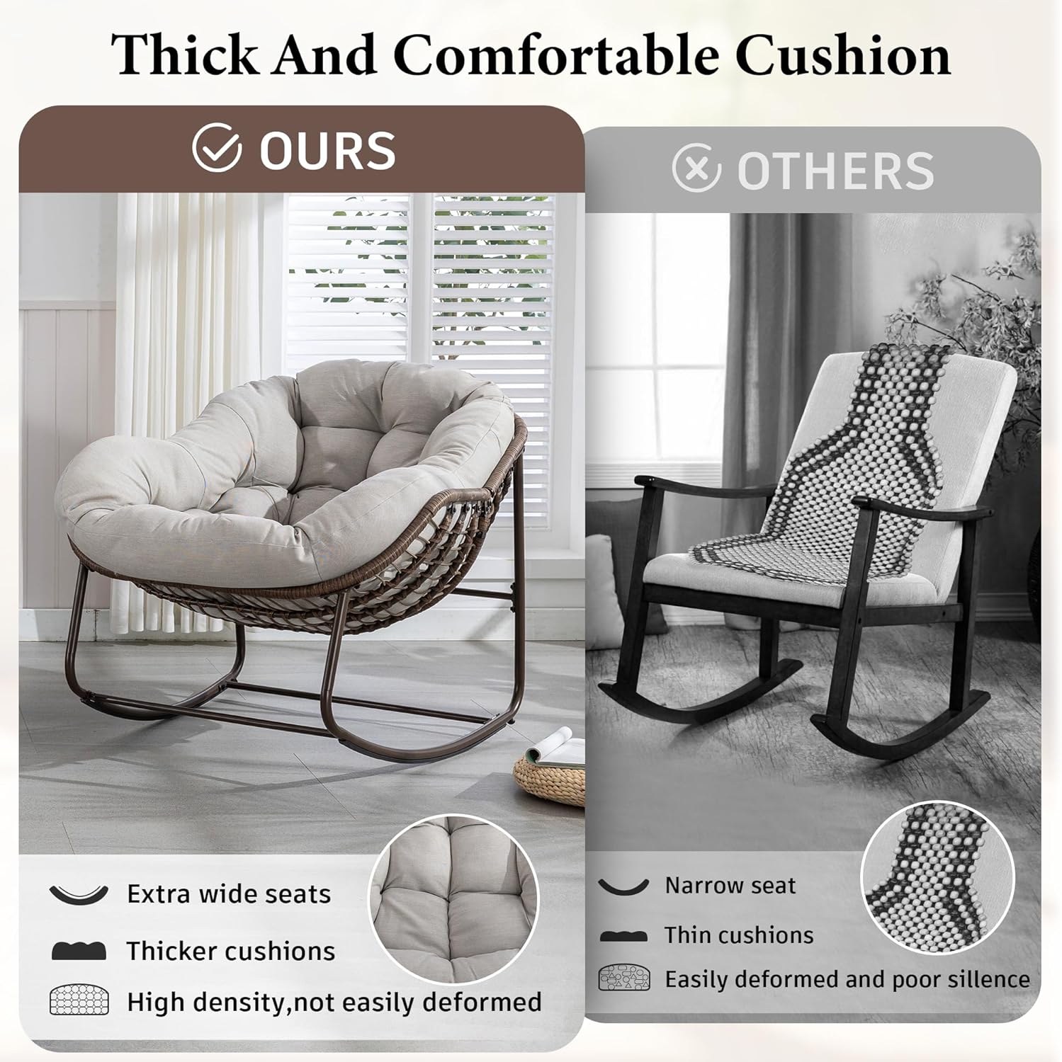 Large Indoor Outdoor Rocking Chair, Oversized Rocking Papasan Chair with Thick Cushion and Frame Outdoor Rocker, Comfy Wicker Egg Chairs Lounge for Outside Porch Patio Backyard Balcony