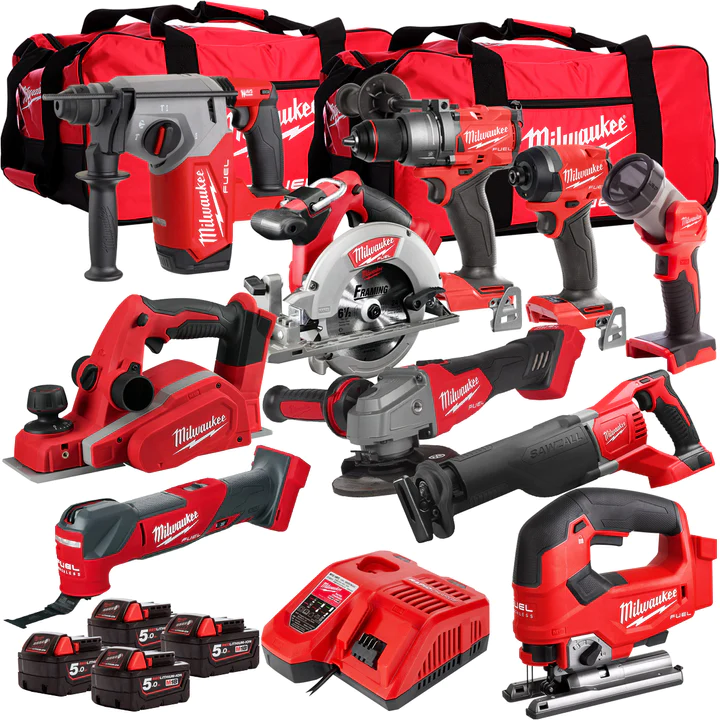 ALL IN ONE:18V Cordless 10 Piece Tool Kit with 4 x 5.0Ah Batteries & Charger in Bag T4TM-8