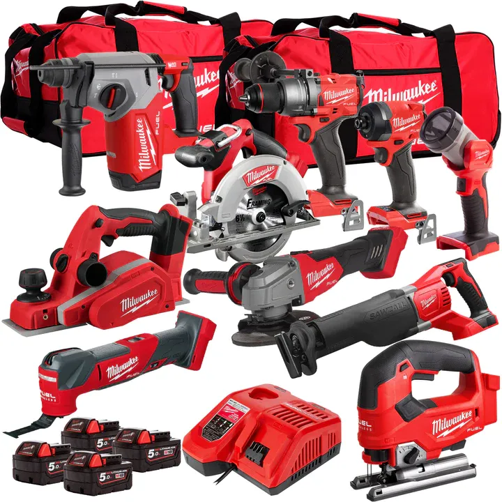 18V Cordless 10 Piece Tool Kit with 4 x 5.0Ah Batteries & Charger in B