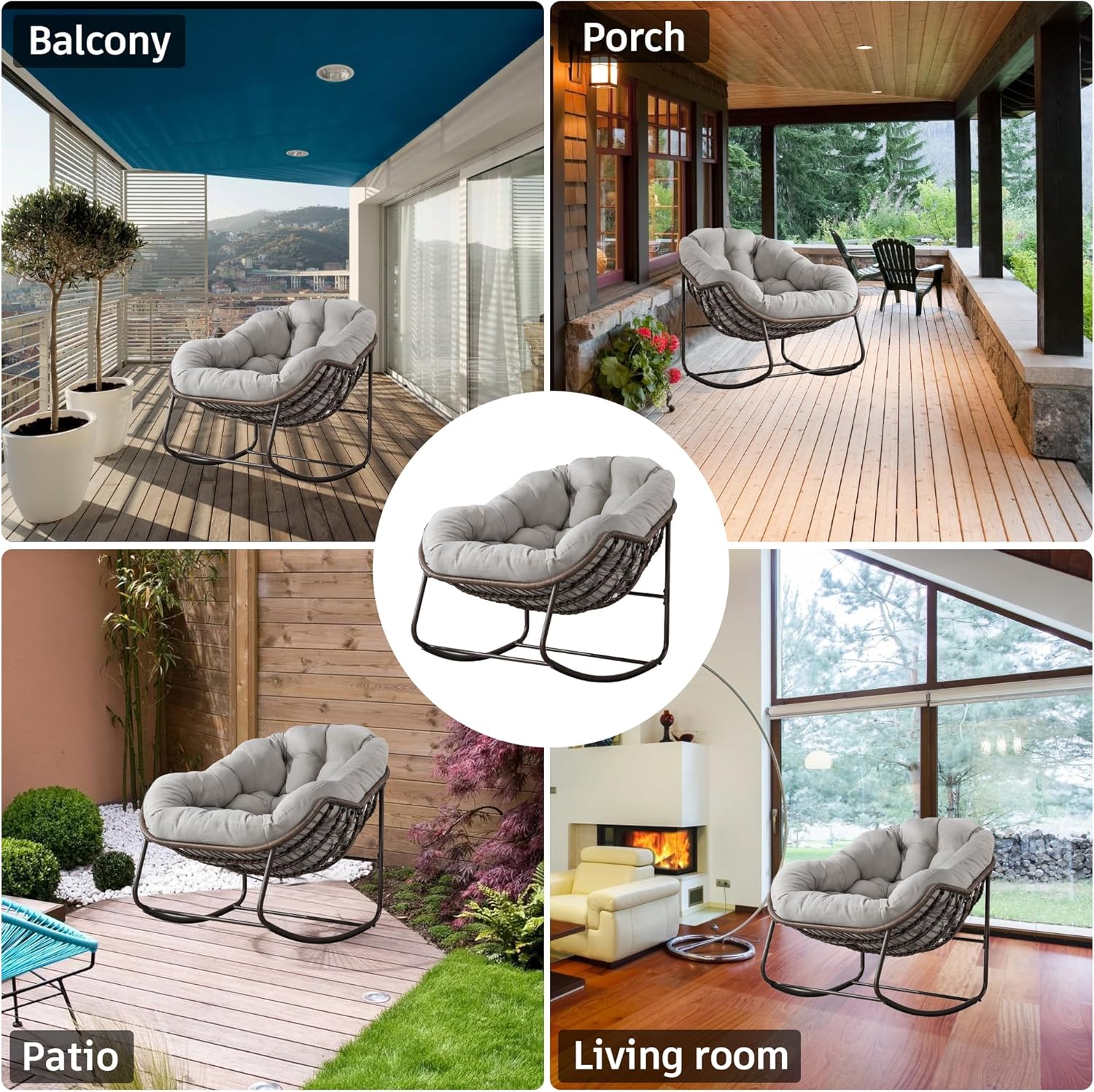 Large Indoor Outdoor Rocking Chair, Oversized Rocking Papasan Chair with Thick Cushion and Frame Outdoor Rocker, Comfy Wicker Egg Chairs Lounge for Outside Porch Patio Backyard Balcony