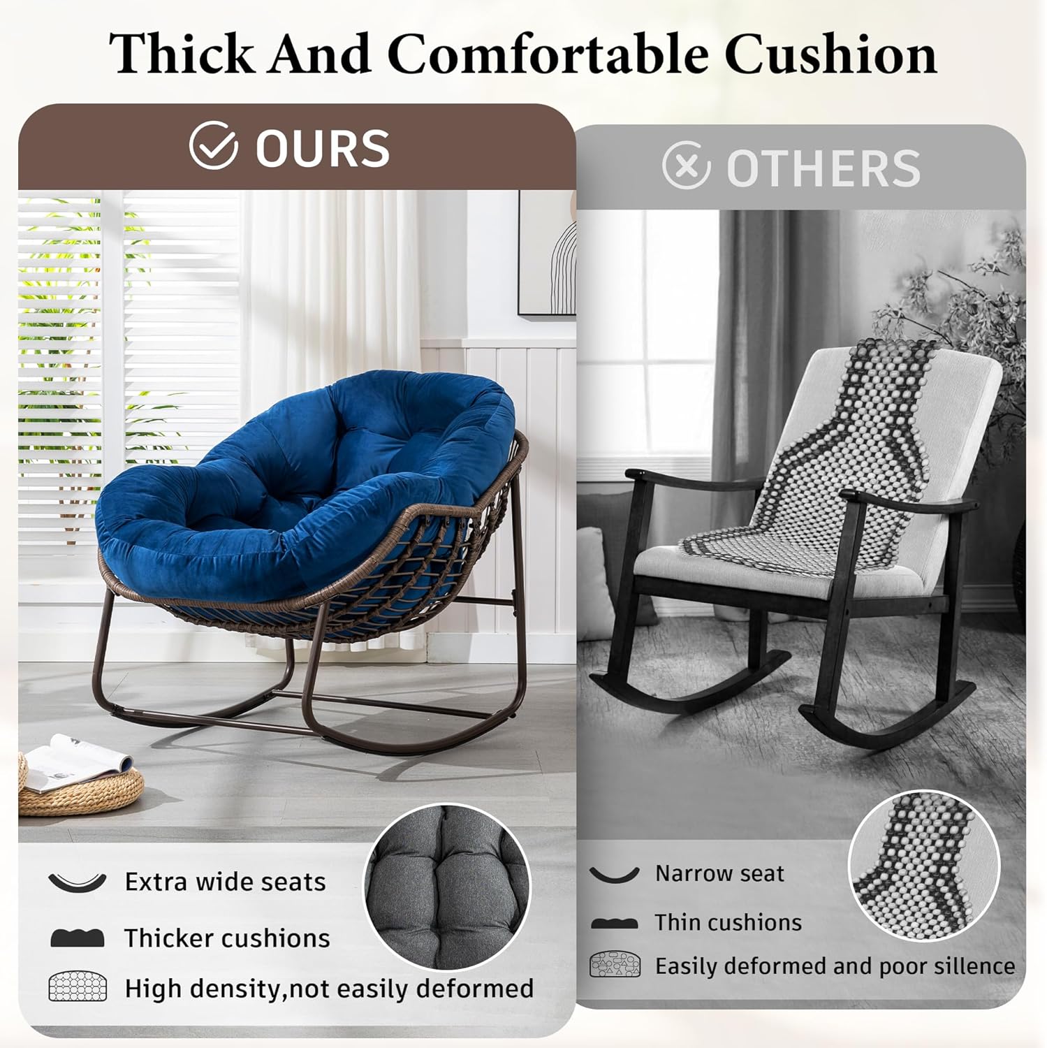 Large Indoor Outdoor Rocking Chair, Oversized Rocking Papasan Chair with Thick Cushion and Frame Outdoor Rocker, Comfy Wicker Egg Chairs Lounge for Outside Porch Patio Backyard Balcony