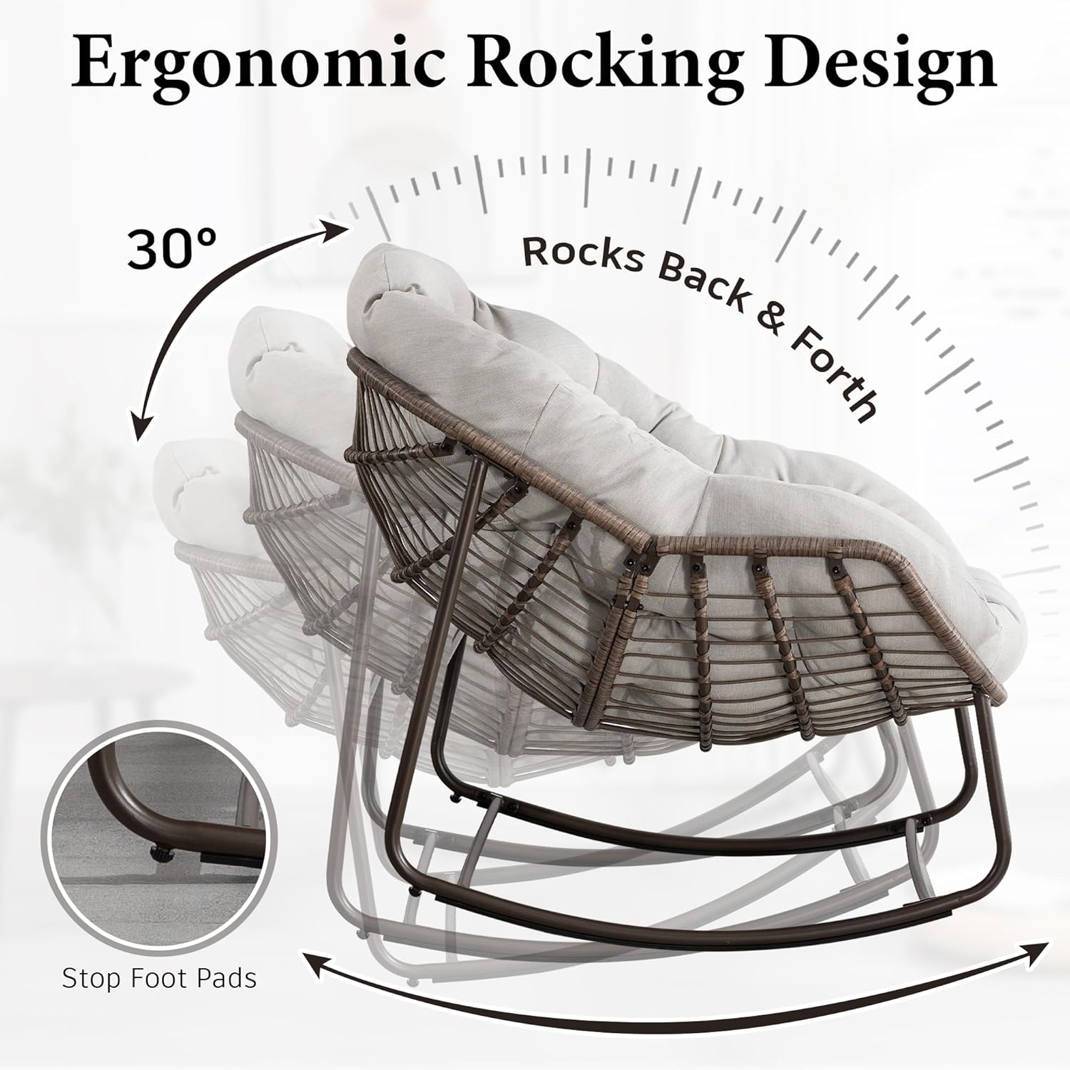 Large Indoor Outdoor Rocking Chair, Oversized Rocking Papasan Chair with Thick Cushion and Frame Outdoor Rocker, Comfy Wicker Egg Chairs Lounge for Outside Porch Patio Backyard Balcony