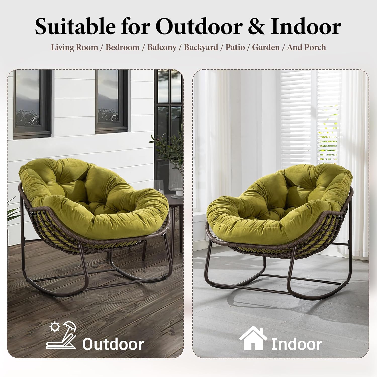 Large Indoor Outdoor Rocking Chair, Oversized Rocking Papasan Chair with Thick Cushion and Frame Outdoor Rocker, Comfy Wicker Egg Chairs Lounge for Outside Porch Patio Backyard Balcony