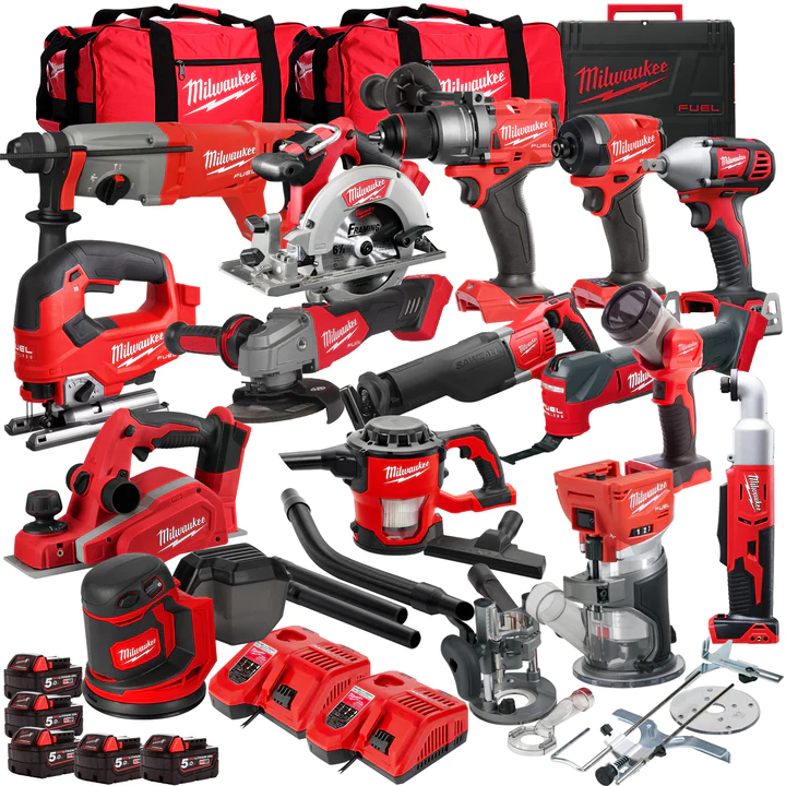 18V Cordless 15 Piece Tool Kit with 5 x 5.0Ah Batteries & Charger in B