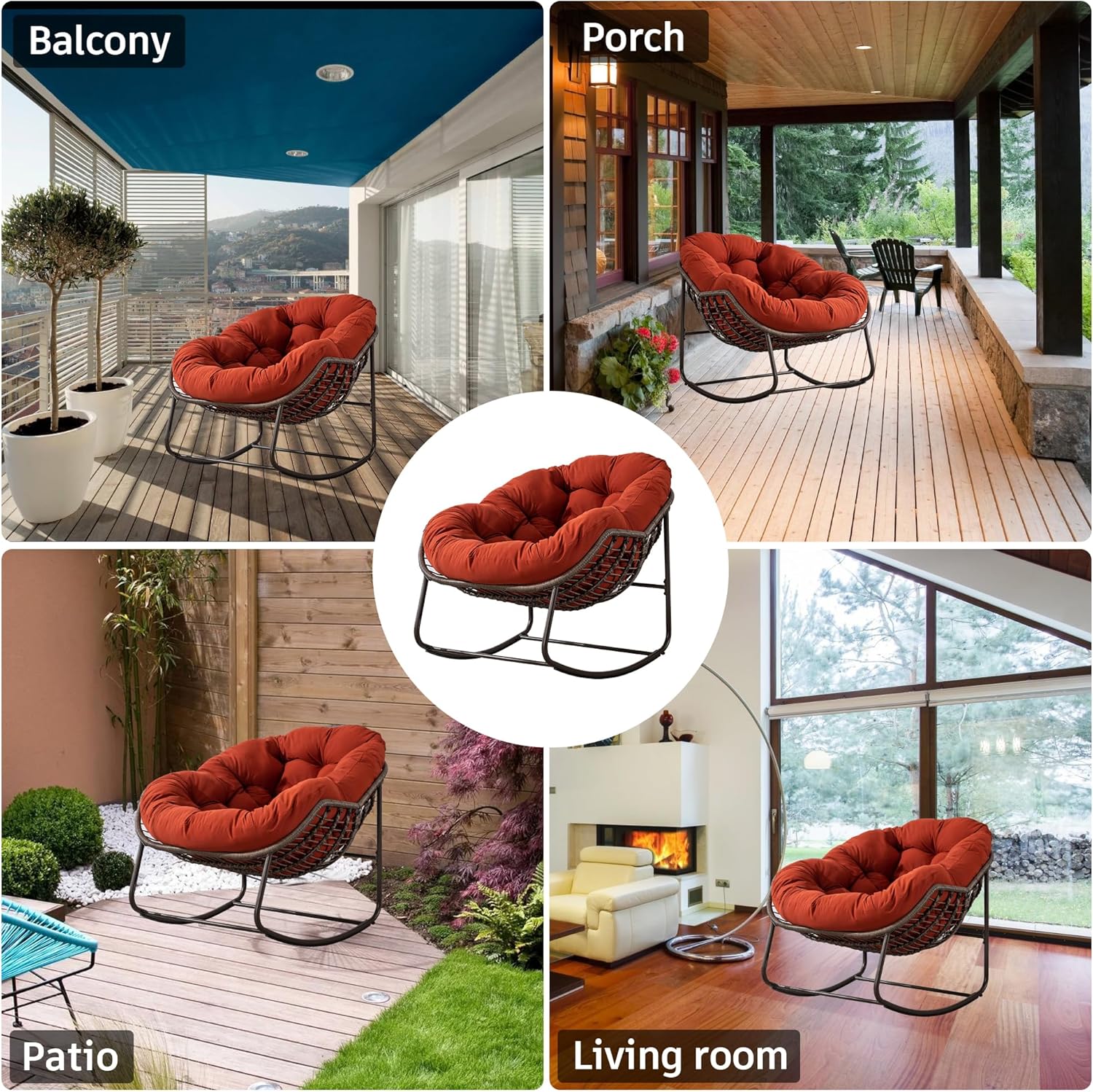 Large Indoor Outdoor Rocking Chair, Oversized Rocking Papasan Chair with Thick Cushion and Frame Outdoor Rocker, Comfy Wicker Egg Chairs Lounge for Outside Porch Patio Backyard Balcony