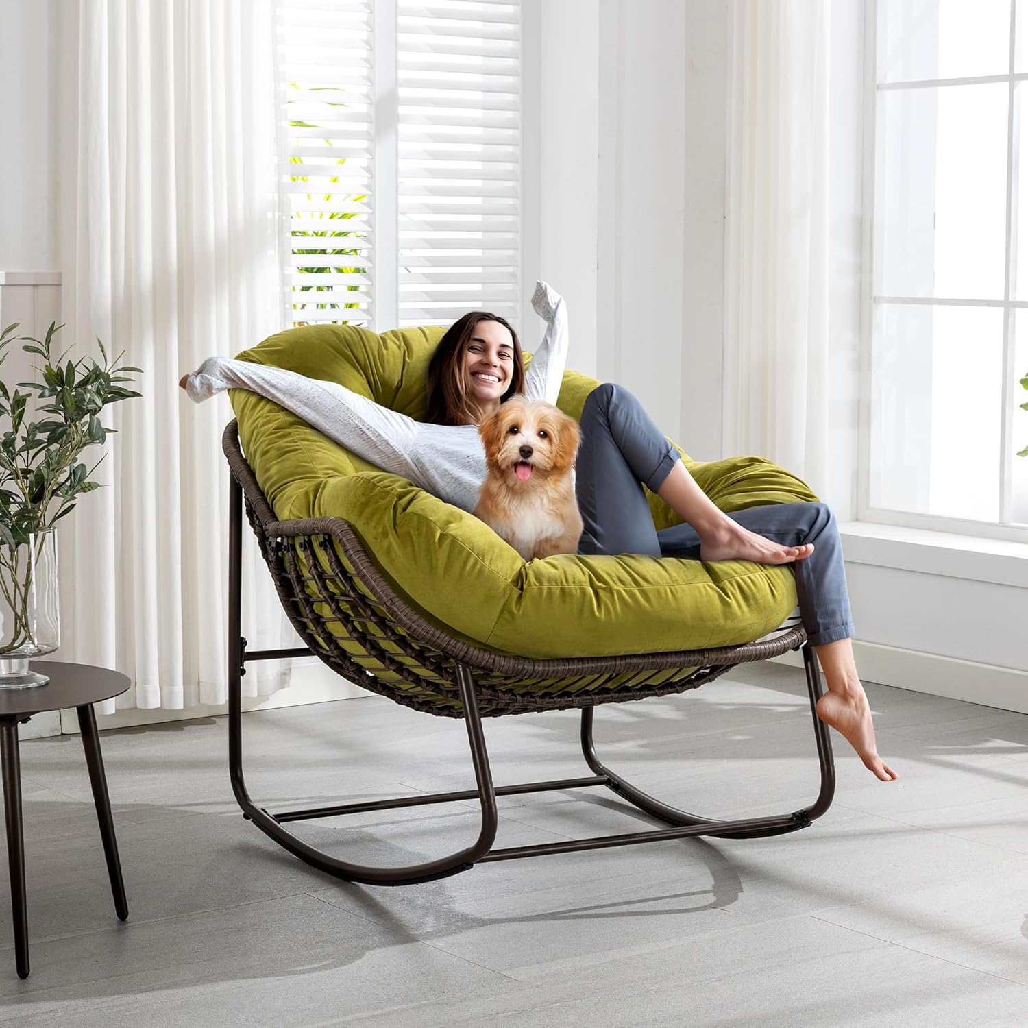 Large Indoor Outdoor Rocking Chair, Oversized Rocking Papasan Chair with Thick Cushion and Frame Outdoor Rocker, Comfy Wicker Egg Chairs Lounge for Outside Porch Patio Backyard Balcony