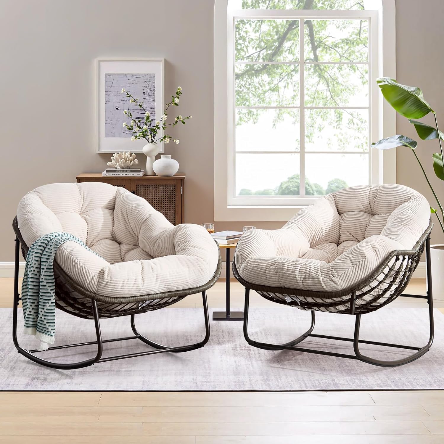 Large Indoor Outdoor Rocking Chair, Oversized Rocking Papasan Chair with Thick Cushion and Frame Outdoor Rocker, Comfy Wicker Egg Chairs Lounge for Outside Porch Patio Backyard Balcony