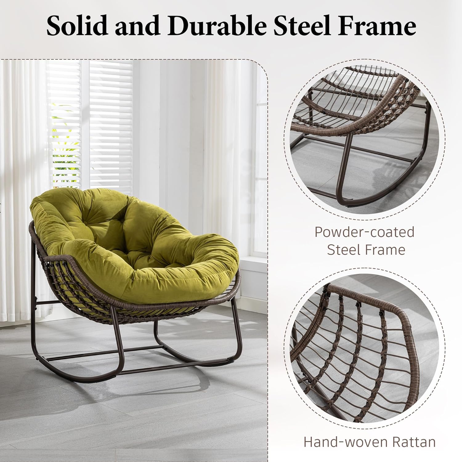 Large Indoor Outdoor Rocking Chair, Oversized Rocking Papasan Chair with Thick Cushion and Frame Outdoor Rocker, Comfy Wicker Egg Chairs Lounge for Outside Porch Patio Backyard Balcony