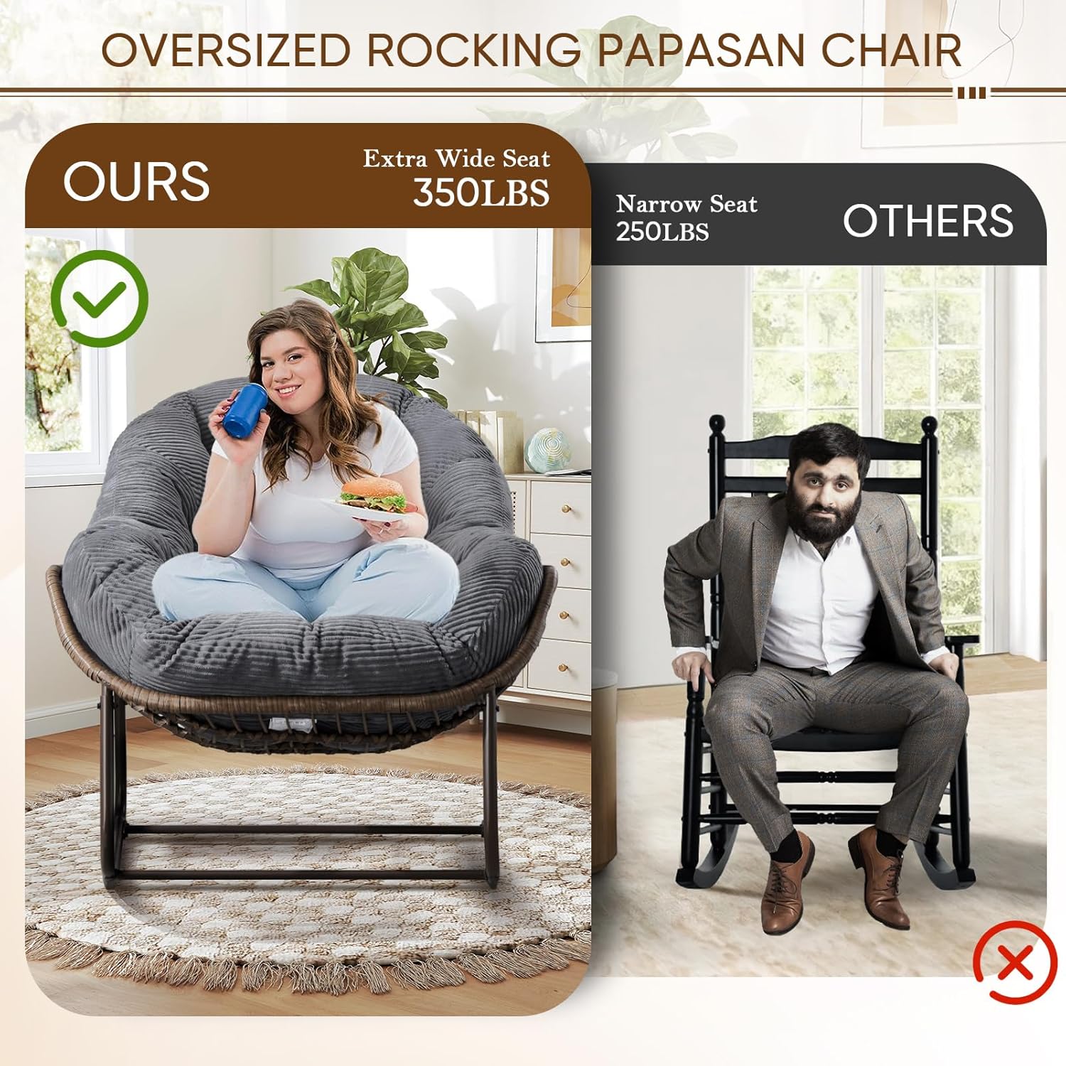 Large Indoor Outdoor Rocking Chair, Oversized Rocking Papasan Chair with Thick Cushion and Frame Outdoor Rocker, Comfy Wicker Egg Chairs Lounge for Outside Porch Patio Backyard Balcony