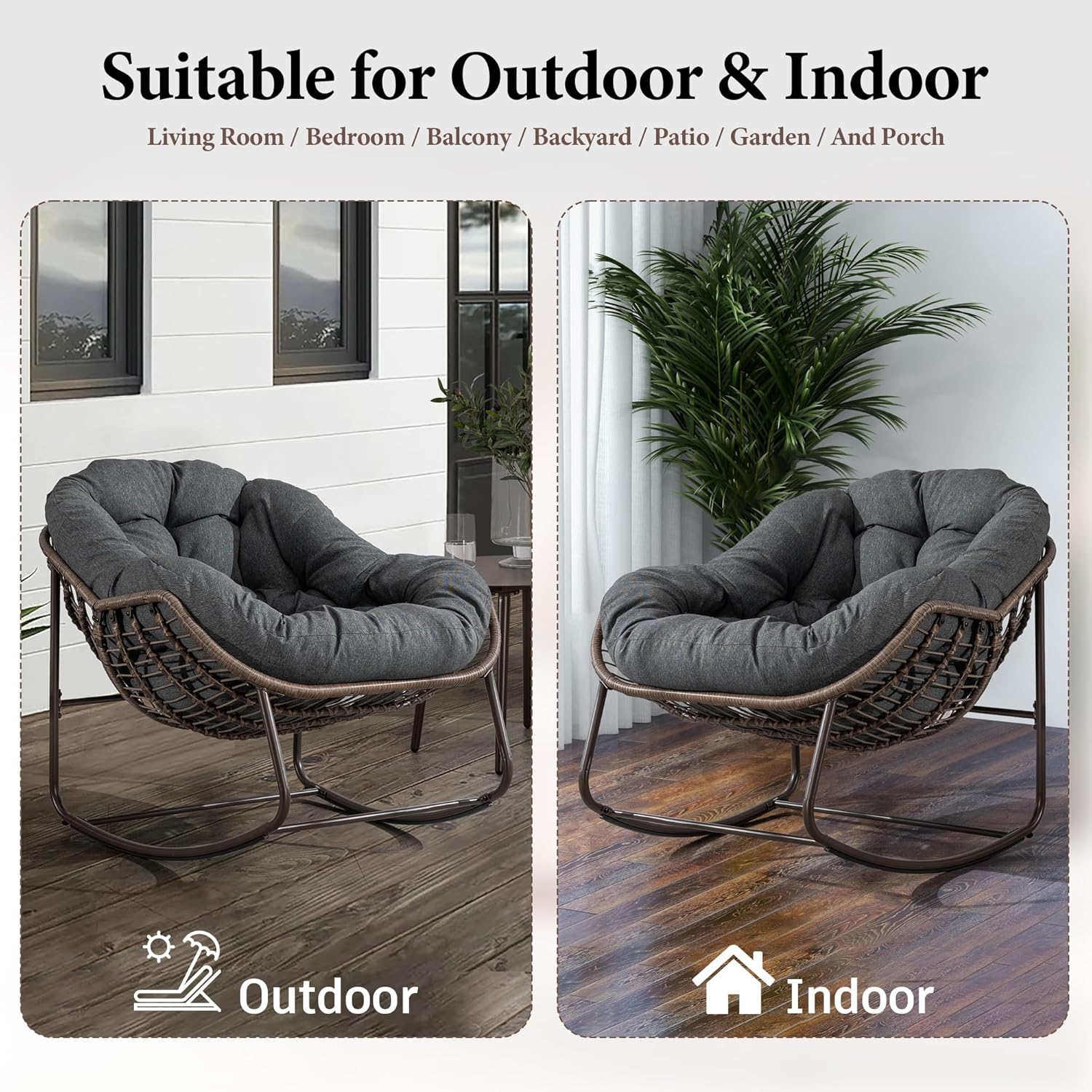 Large Indoor Outdoor Rocking Chair, Oversized Rocking Papasan Chair with Thick Cushion and Frame Outdoor Rocker, Comfy Wicker Egg Chairs Lounge for Outside Porch Patio Backyard Balcony