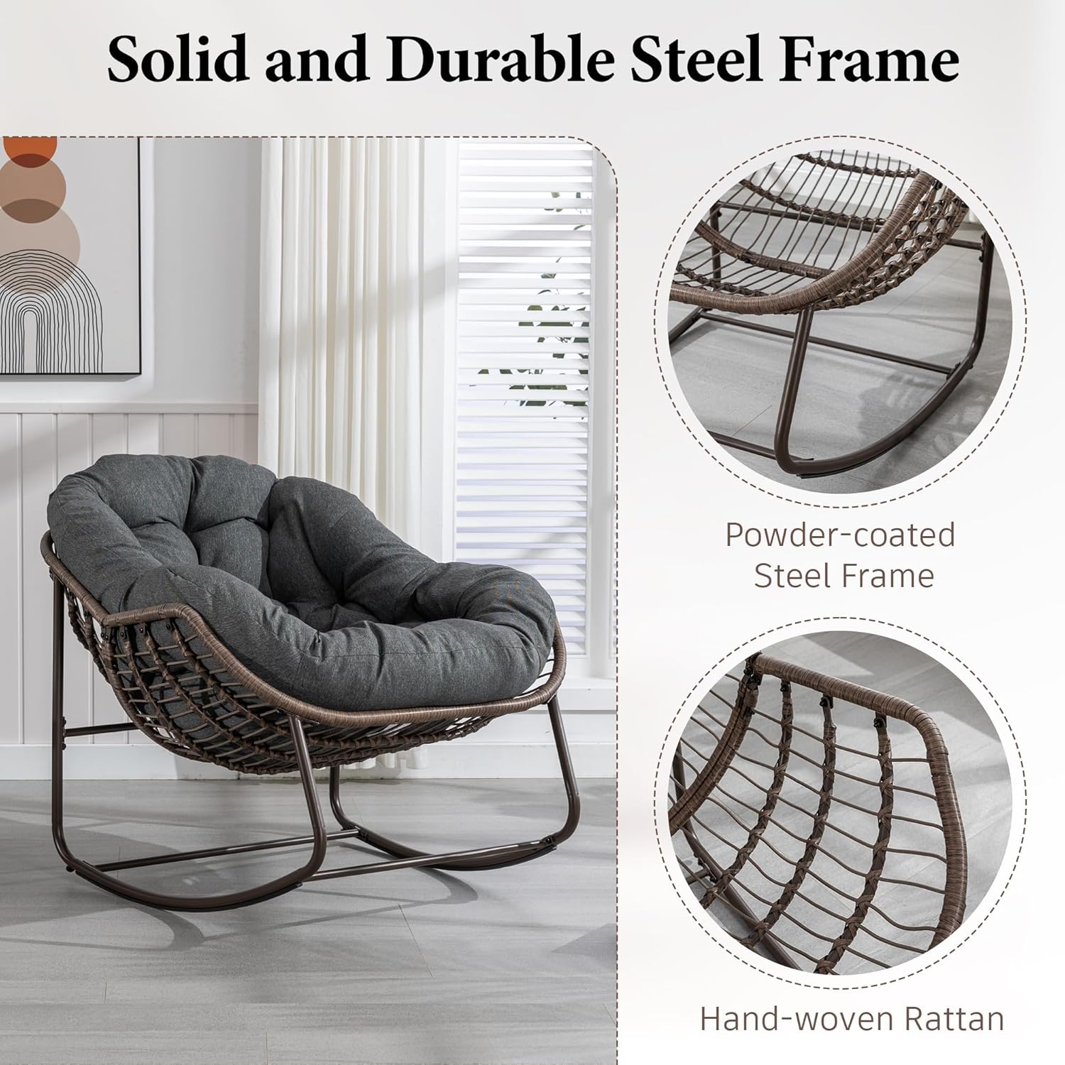 Large Indoor Outdoor Rocking Chair, Oversized Rocking Papasan Chair with Thick Cushion and Frame Outdoor Rocker, Comfy Wicker Egg Chairs Lounge for Outside Porch Patio Backyard Balcony