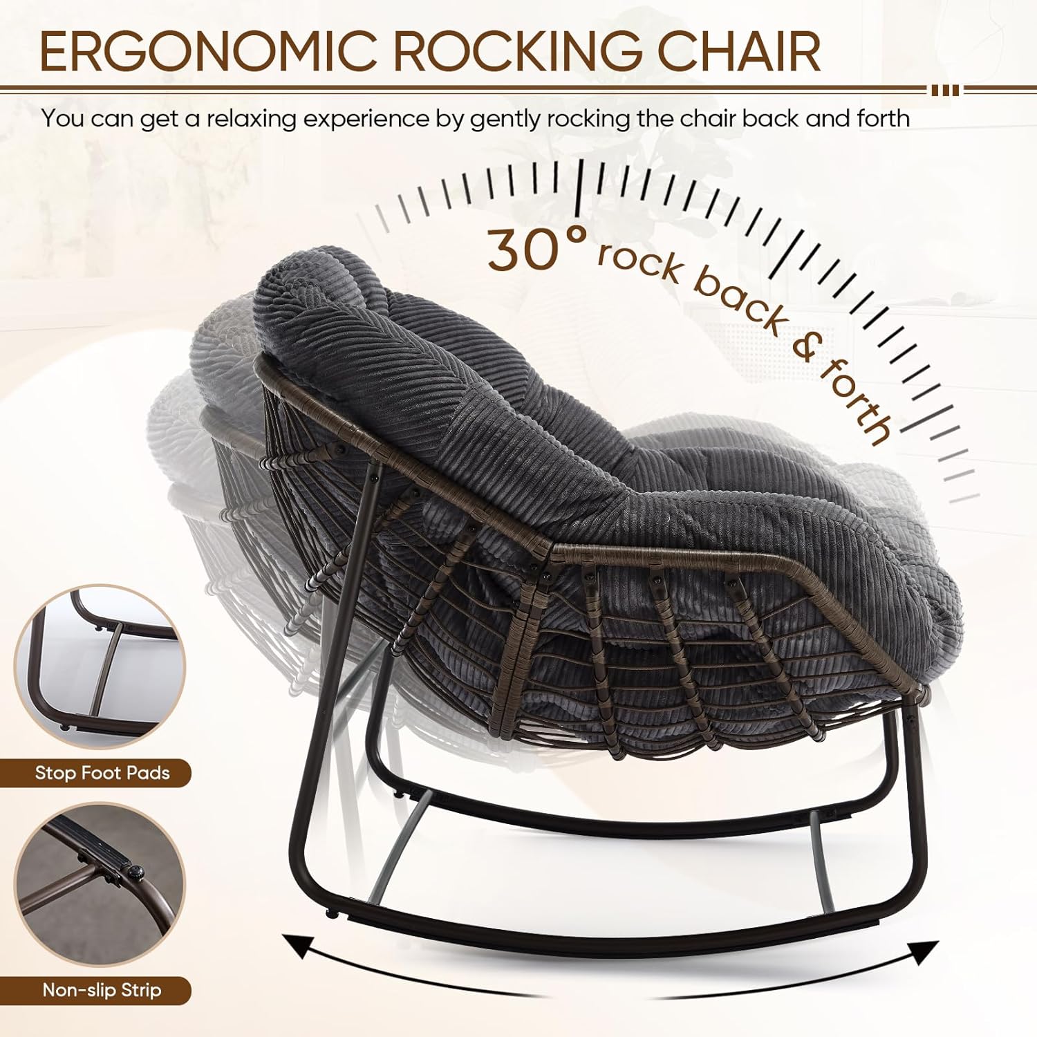 Large Indoor Outdoor Rocking Chair, Oversized Rocking Papasan Chair with Thick Cushion and Frame Outdoor Rocker, Comfy Wicker Egg Chairs Lounge for Outside Porch Patio Backyard Balcony