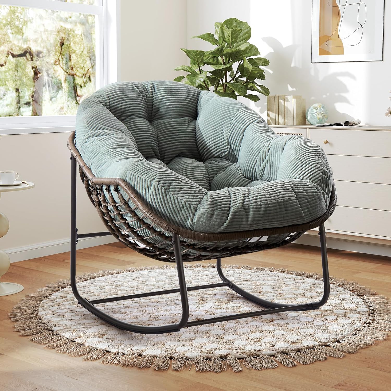 Large Indoor Outdoor Rocking Chair, Oversized Rocking Papasan Chair with Thick Cushion and Frame Outdoor Rocker, Comfy Wicker Egg Chairs Lounge for Outside Porch Patio Backyard Balcony