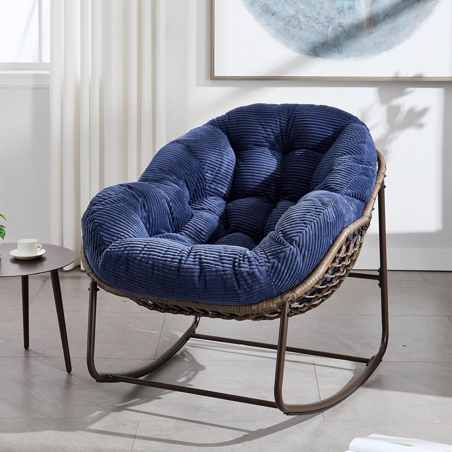 Large Indoor Outdoor Rocking Chair, Oversized Rocking Papasan Chair with Thick Cushion and Frame Outdoor Rocker, Comfy Wicker Egg Chairs Lounge for Outside Porch Patio Backyard Balcony