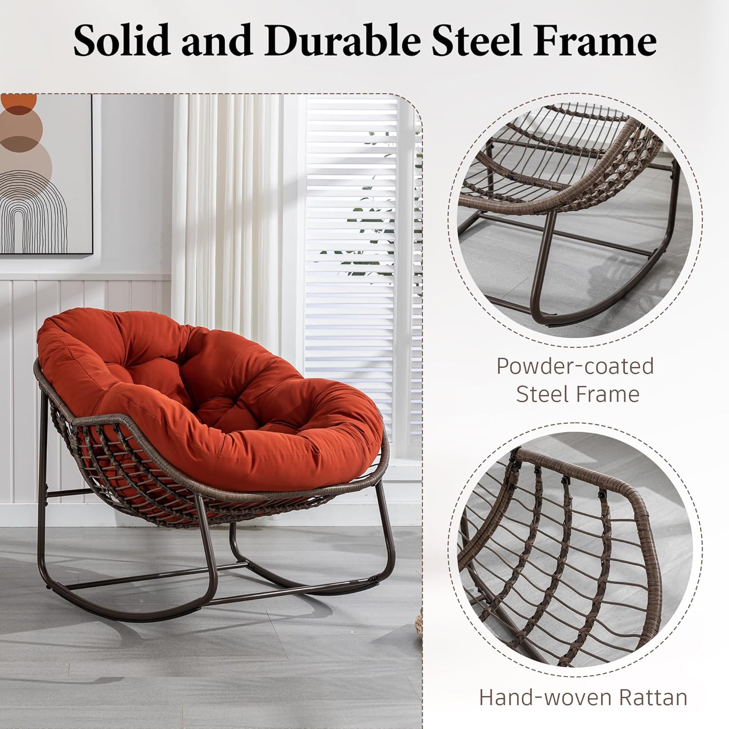 Large Indoor Outdoor Rocking Chair, Oversized Rocking Papasan Chair with Thick Cushion and Frame Outdoor Rocker, Comfy Wicker Egg Chairs Lounge for Outside Porch Patio Backyard Balcony