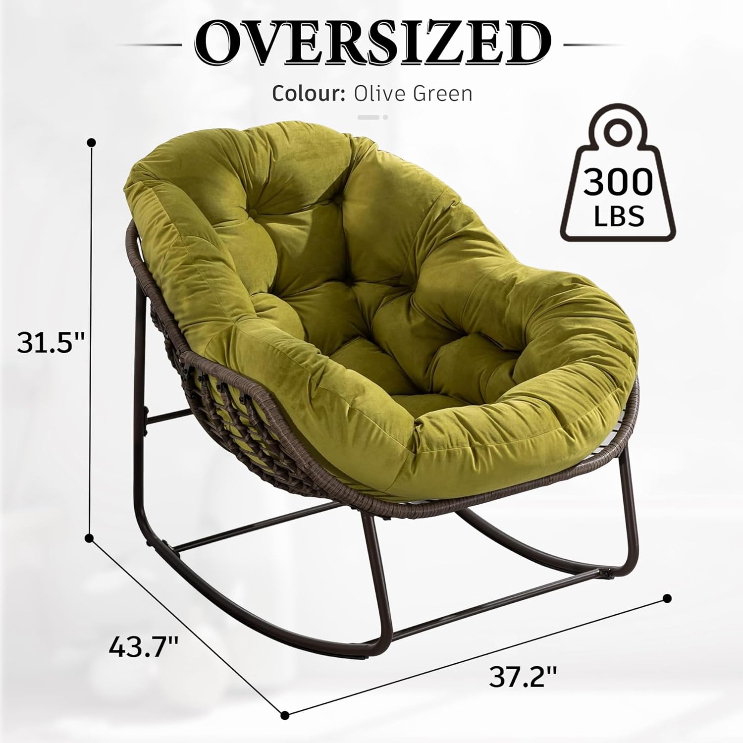 Large Indoor Outdoor Rocking Chair, Oversized Rocking Papasan Chair with Thick Cushion and Frame Outdoor Rocker, Comfy Wicker Egg Chairs Lounge for Outside Porch Patio Backyard Balcony