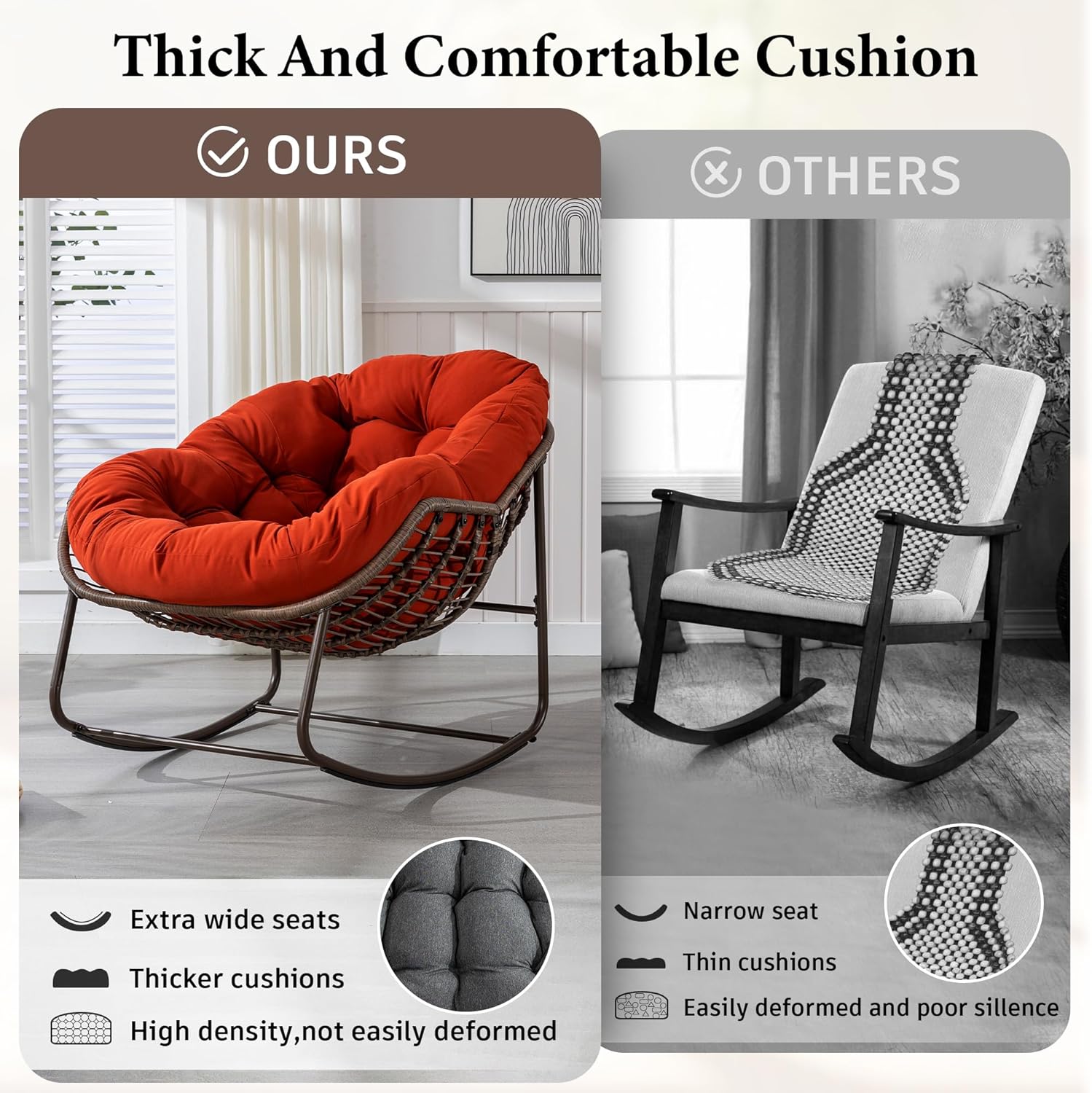 Large Indoor Outdoor Rocking Chair, Oversized Rocking Papasan Chair with Thick Cushion and Frame Outdoor Rocker, Comfy Wicker Egg Chairs Lounge for Outside Porch Patio Backyard Balcony