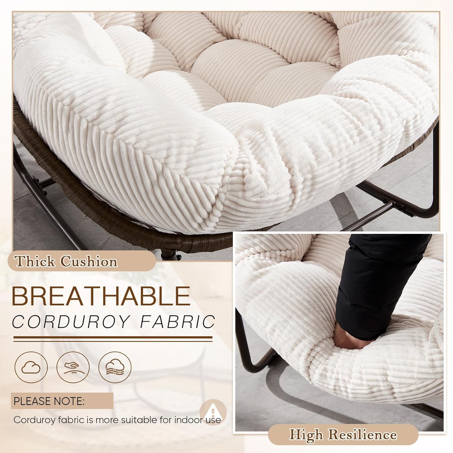 Large Indoor Outdoor Rocking Chair, Oversized Rocking Papasan Chair with Thick Cushion and Frame Outdoor Rocker, Comfy Wicker Egg Chairs Lounge for Outside Porch Patio Backyard Balcony