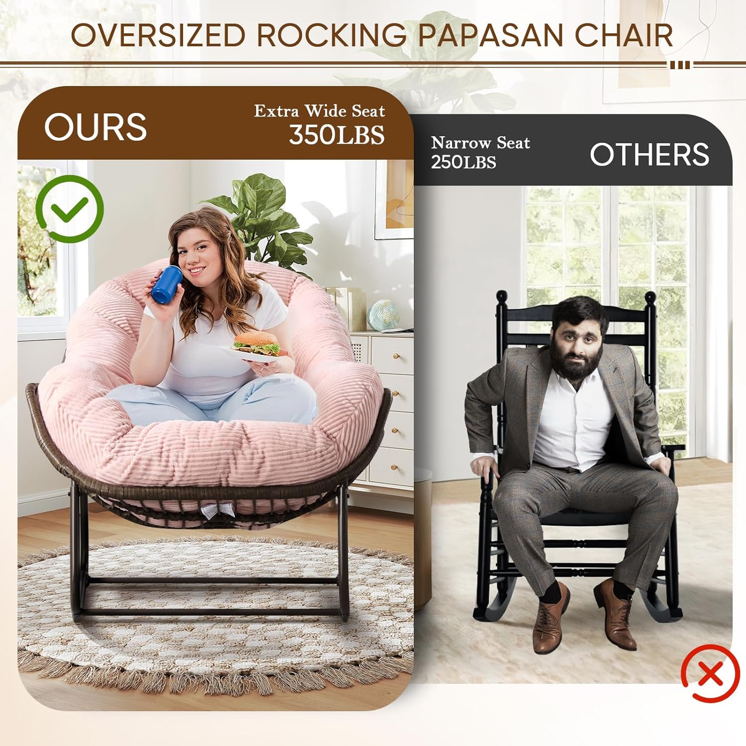 Large Indoor Outdoor Rocking Chair, Oversized Rocking Papasan Chair with Thick Cushion and Frame Outdoor Rocker, Comfy Wicker Egg Chairs Lounge for Outside Porch Patio Backyard Balcony