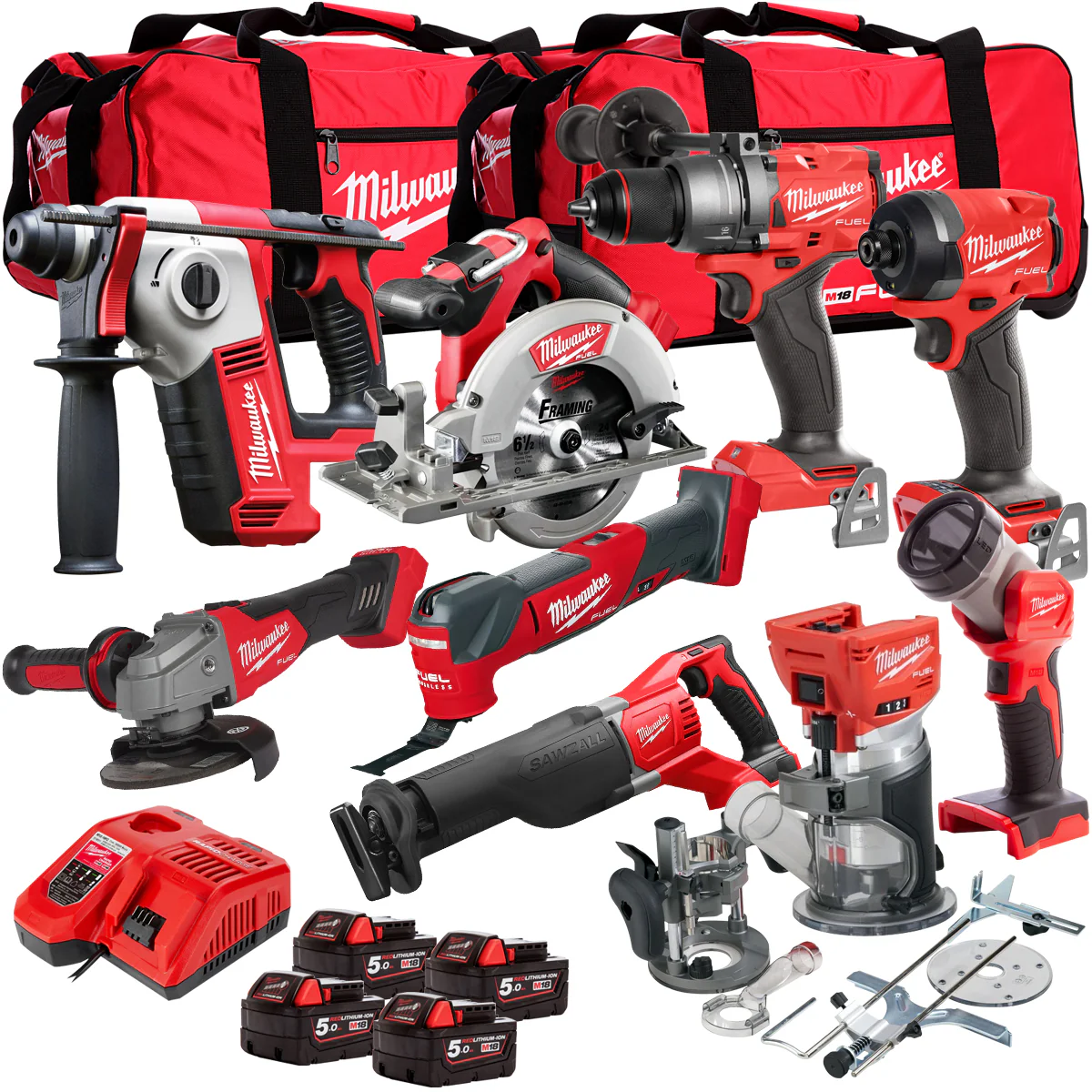18V Cordless 9 Piece Tool Kit with 4 x 5.0Ah Batteries & Charger in Bag T4TM-6