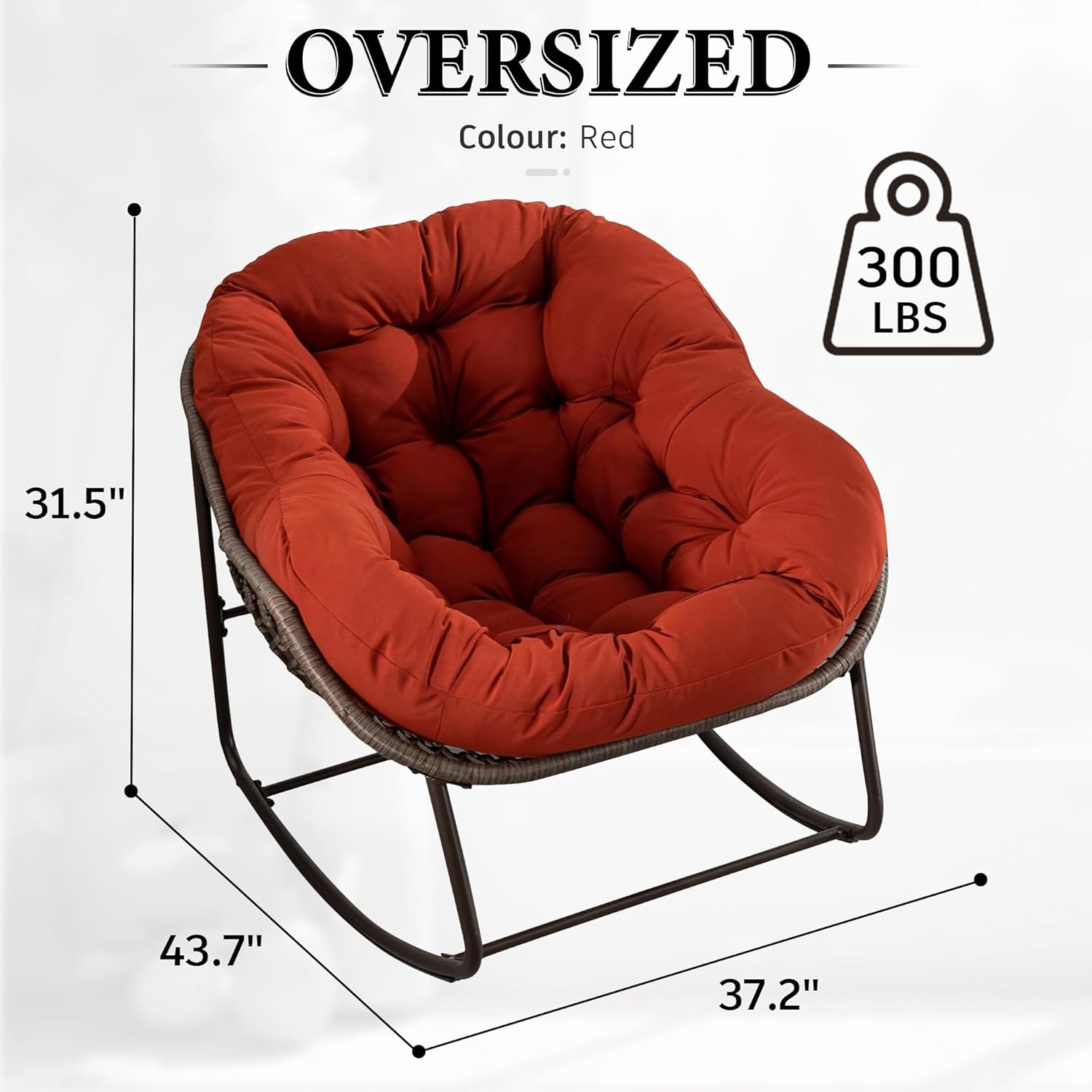 Large Indoor Outdoor Rocking Chair, Oversized Rocking Papasan Chair with Thick Cushion and Frame Outdoor Rocker, Comfy Wicker Egg Chairs Lounge for Outside Porch Patio Backyard Balcony