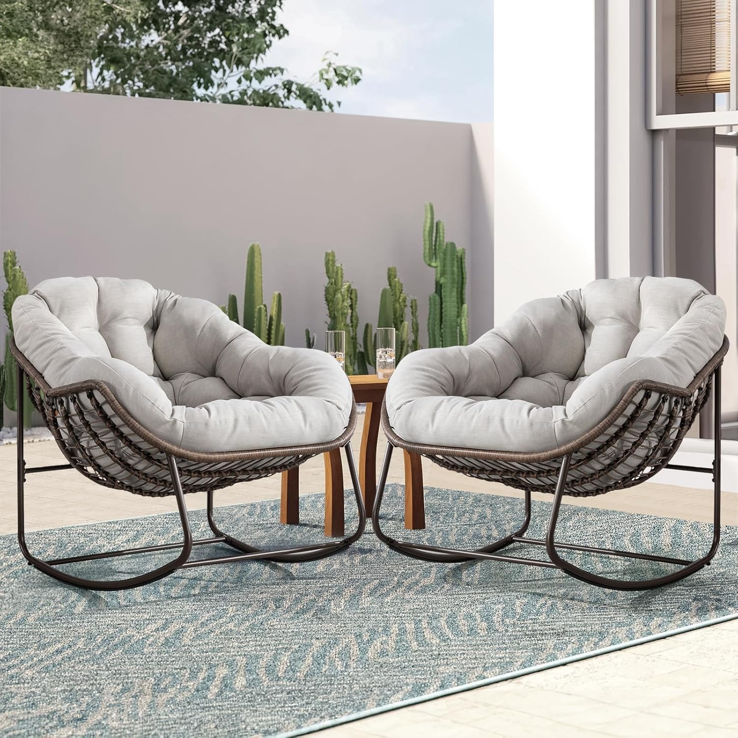 Large Indoor Outdoor Rocking Chair, Oversized Rocking Papasan Chair with Thick Cushion and Frame Outdoor Rocker, Comfy Wicker Egg Chairs Lounge for Outside Porch Patio Backyard Balcony